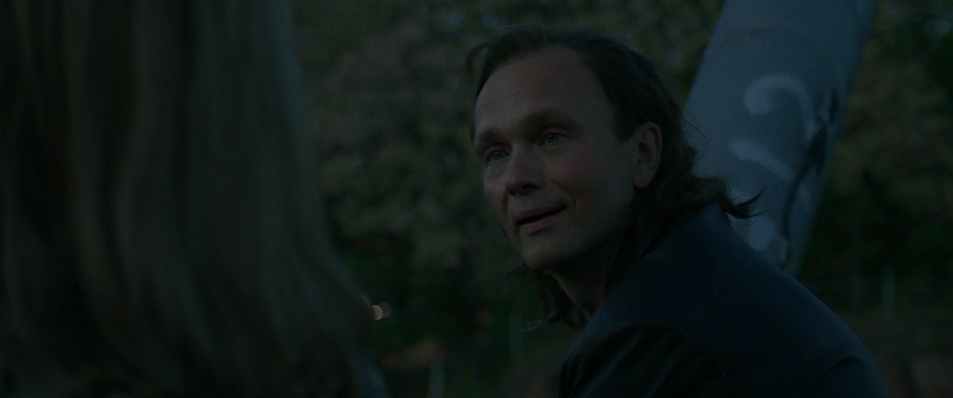 A man with long brown hair and a dark shirt is outdoors at dusk, smiling and looking slightly upward.