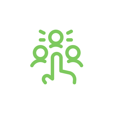 Green icon representing a person speaking to an audience, with two additional figures listening.