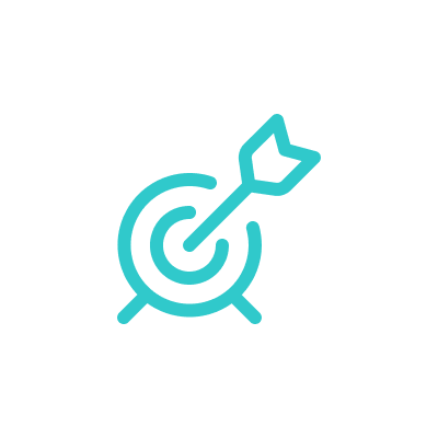 Light blue icon of a dart hitting the center of a target.