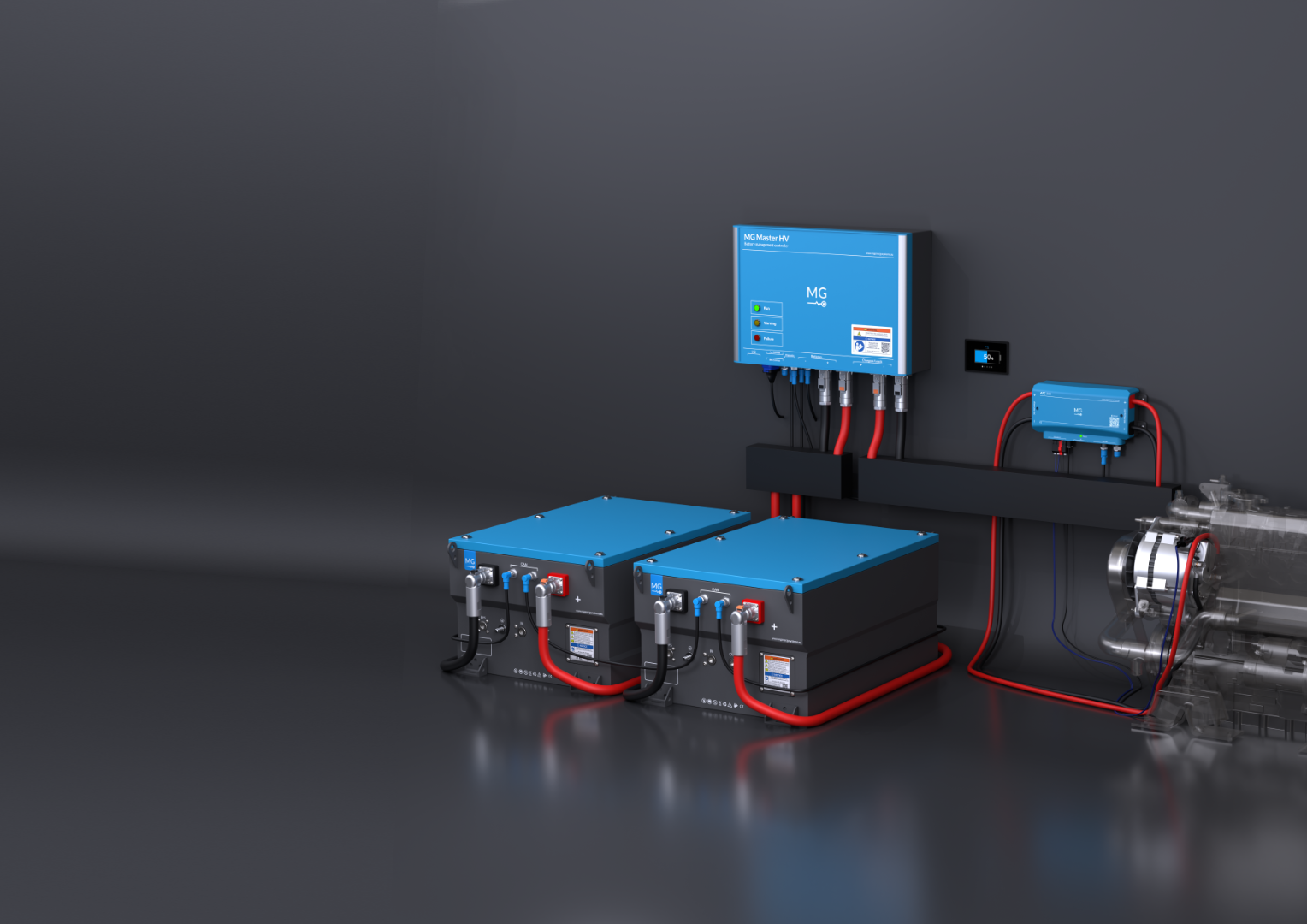 Battery management system with a blue control box, two large MG RS 230Ah blue batteries, and various wires connected to a motor.