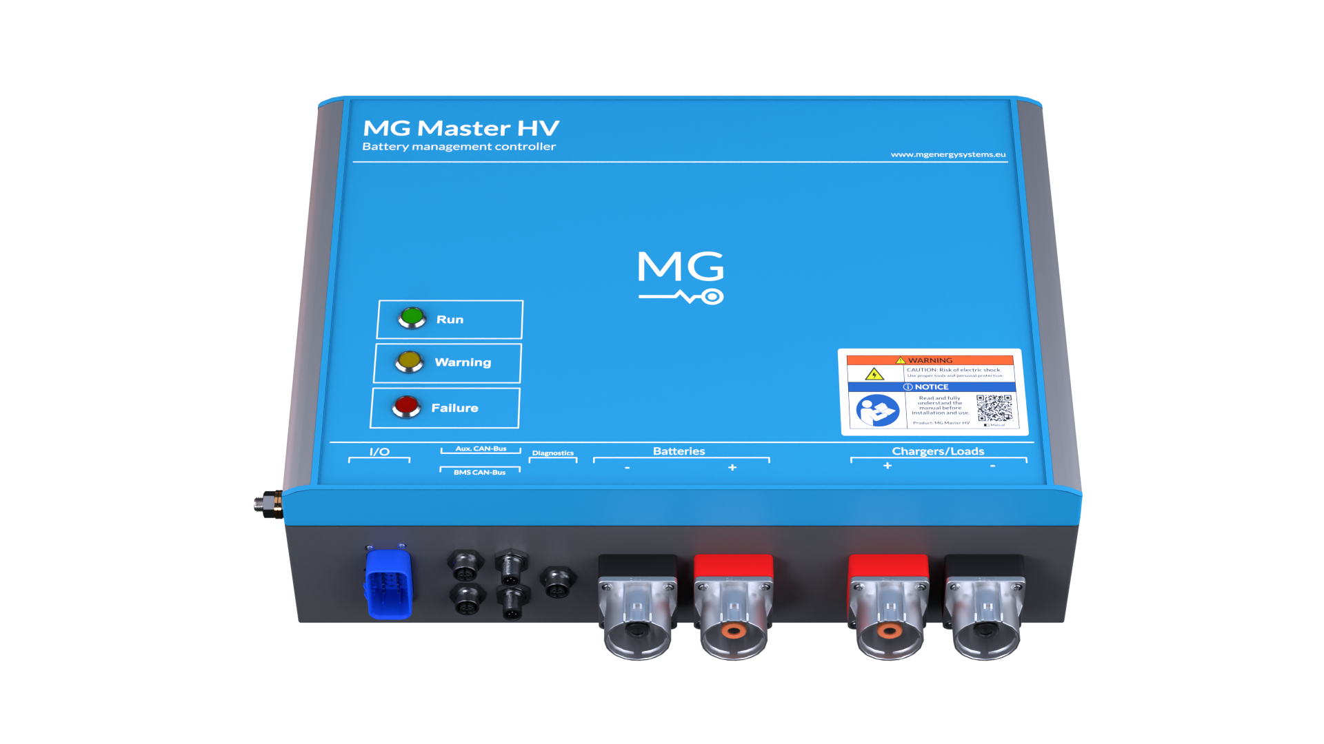 Blue MG Master HV battery management controller with LED indicators labeled Run, Warning, Failure and ports at the front for connections.