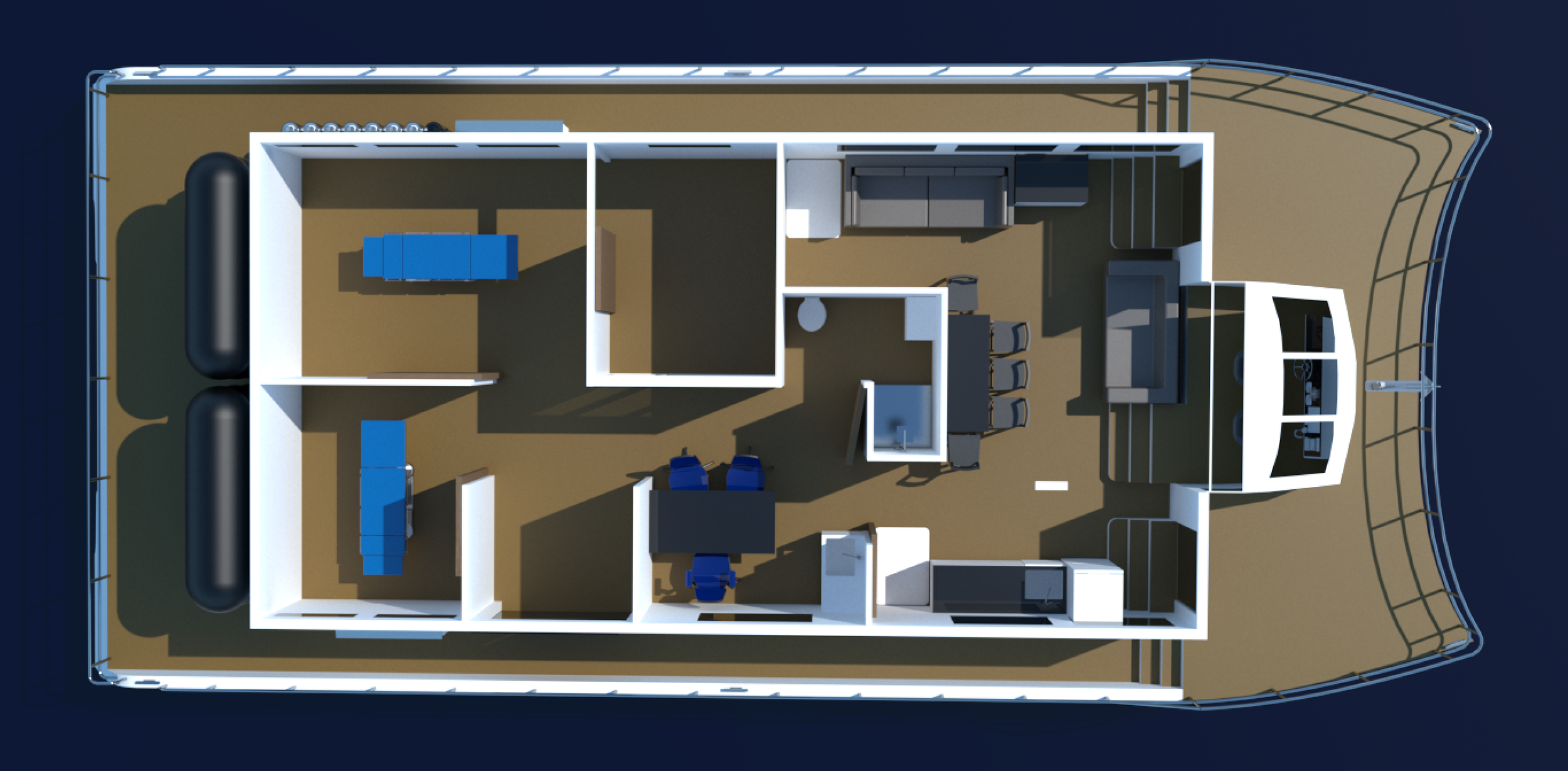 Top-down view of a Health Hospital interior with living area, kitchen, bathroom, and bedrooms, parked on water with railings around the deck.
