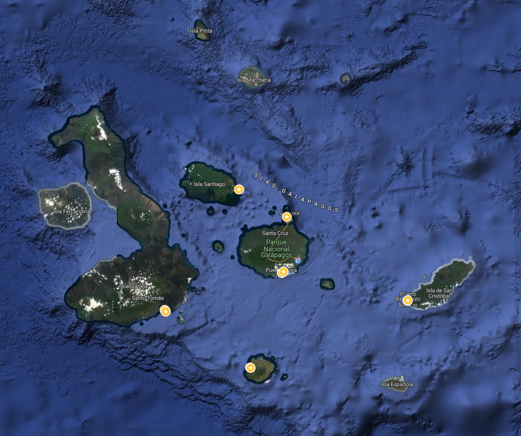 Map of the Galápagos Islands showing locations like Isla Santiago, Isla Fernandina, Isla Isabela, Isla San Cristóbal, Isla Española, and Isla de San Cristóbal, with marked points indicating specific sites.