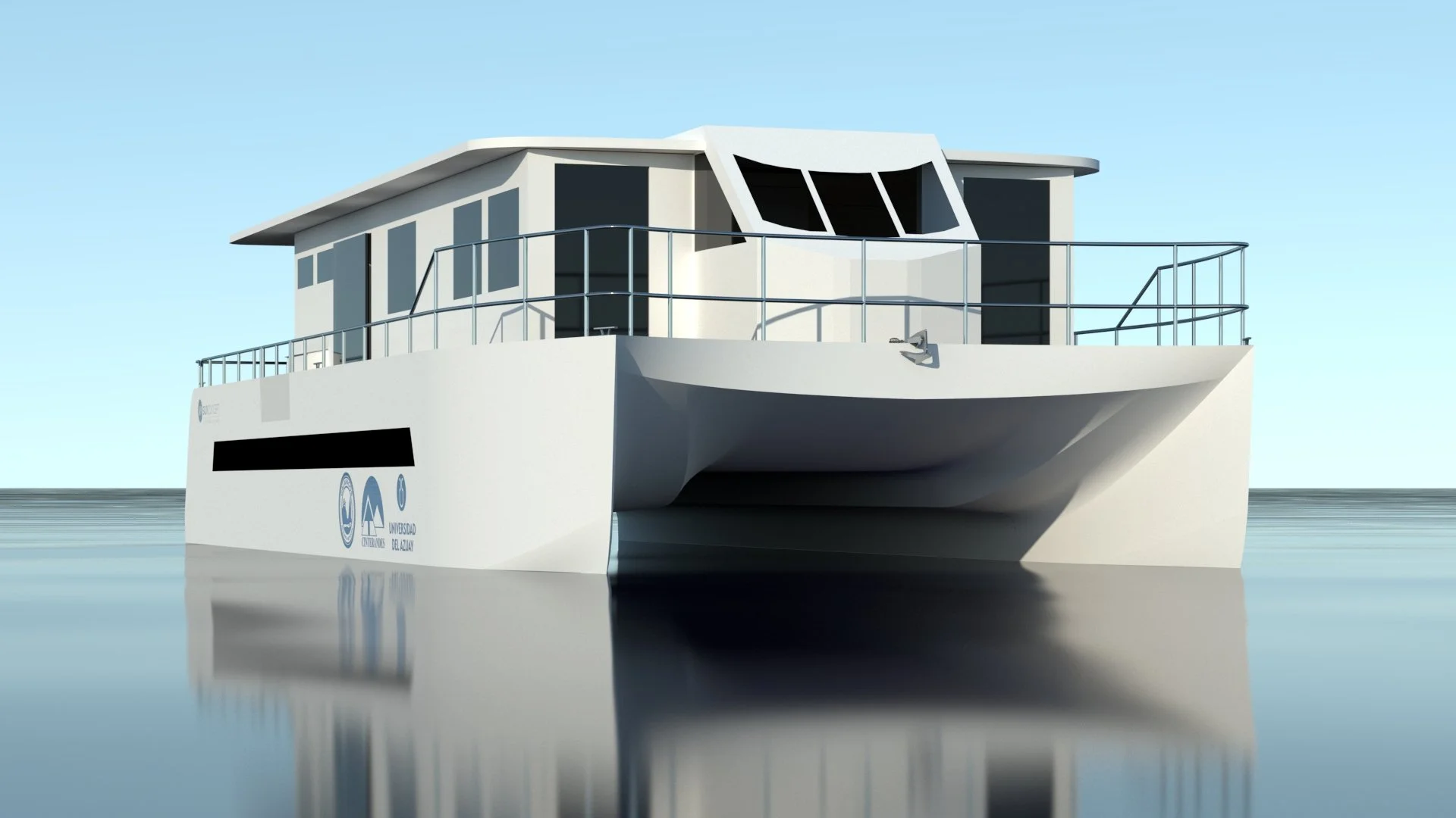 A modern white boat with a two-story structure and a wraparound deck, floating on calm water with a clear blue sky in the background.