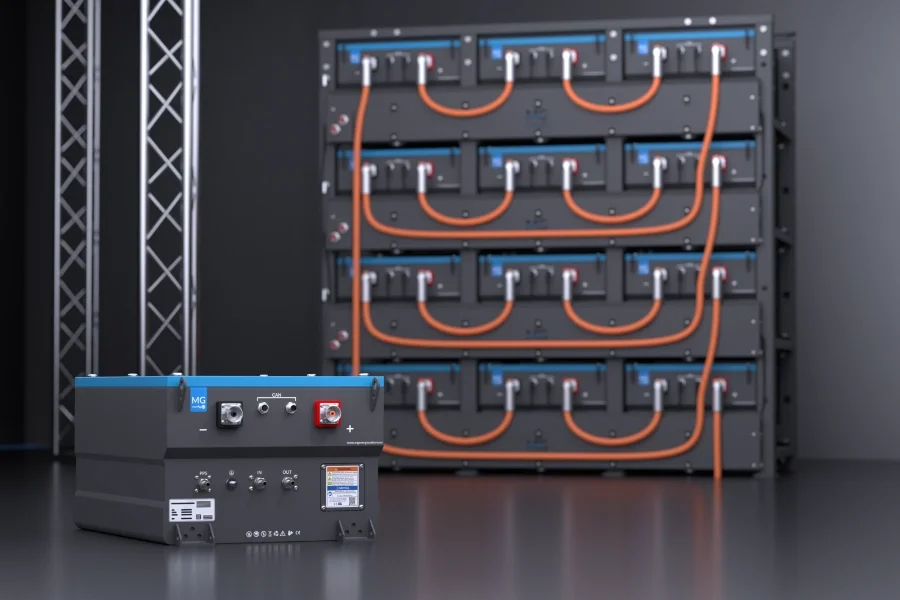 A large battery management system with multiple orange HV cables connected to a rack-mounted battery pack in a modern industrial setting.