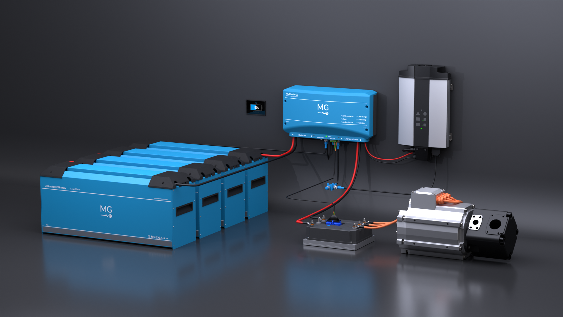 An Low Voltage Battery System of an electric vehicle battery and charging system, including a battery pack, a battery management system, a power converter, and a motor with low-voltage and control wiring.