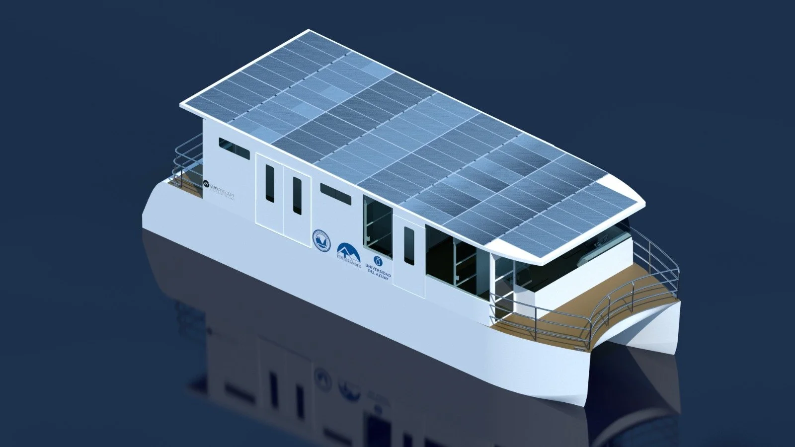 A modern Heath Hospital boat with solar panels on the roof, railings on the deck, and logos of universities on the side, floating on calm water.