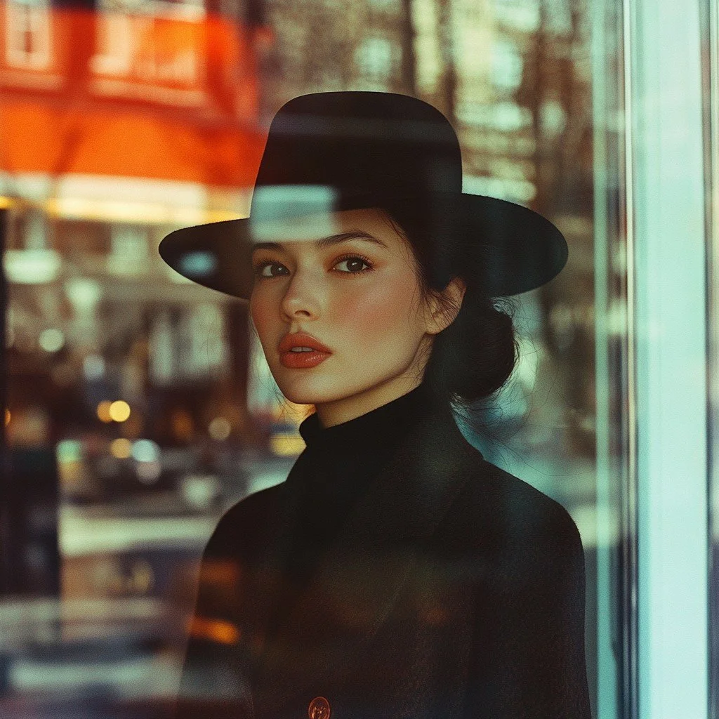 A woman in a black hat looks out through a shop window