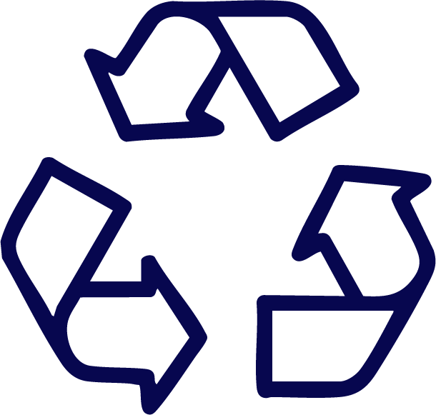 Recycling symbol with three dark blue arrows forming a triangle.