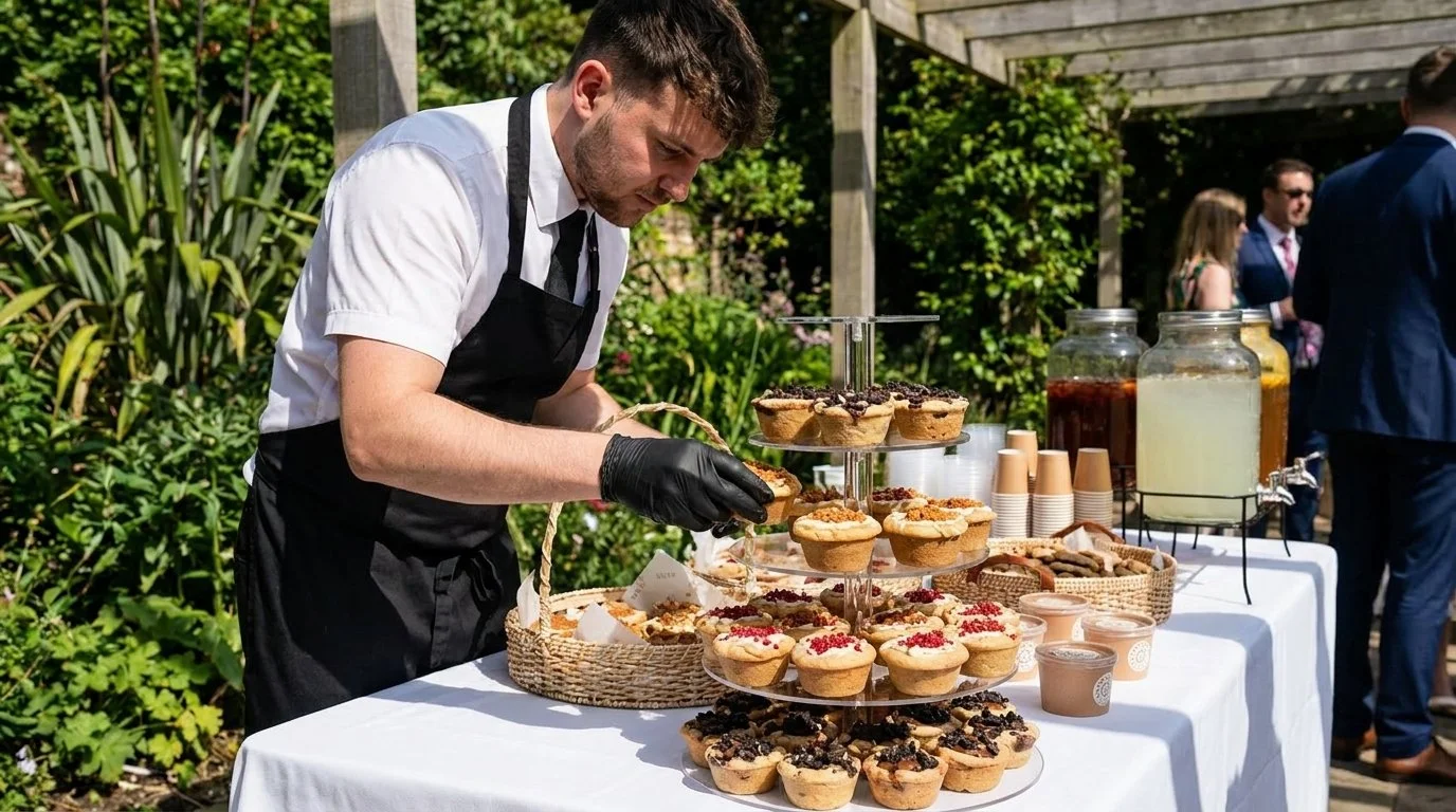 A man in a white shirt and black apron arranges baked goods on a white table at an outdoor event. The table features cupcakes with various toppings on a tiered stand and other baked treats, with drinks and cups nearby. People in suits are visible in the background, outdoors with greenery and a wooden pergola