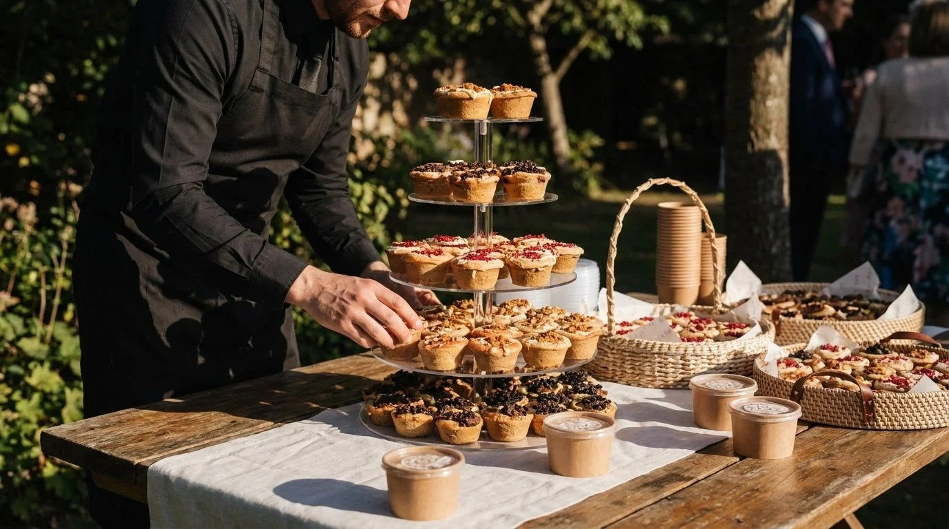 A person arranging cupcakes on a tiered stand at an outdoor event with trees in the background.