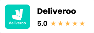 Cookie Courier Deliveroo logo, 5.0 rating with five stars, black text on white background