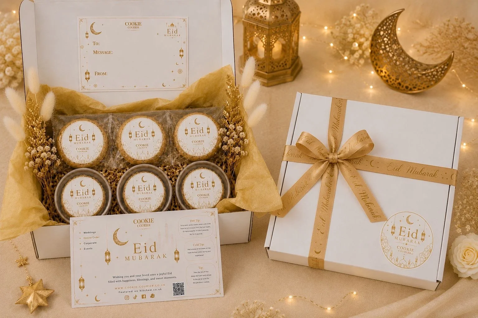 Eid gift box containing decorated cookies, a white wrapped box with a gold ribbon, and a greeting card with Eid Mubarak message, surrounded by gold and white decorations. Cookie Courier.