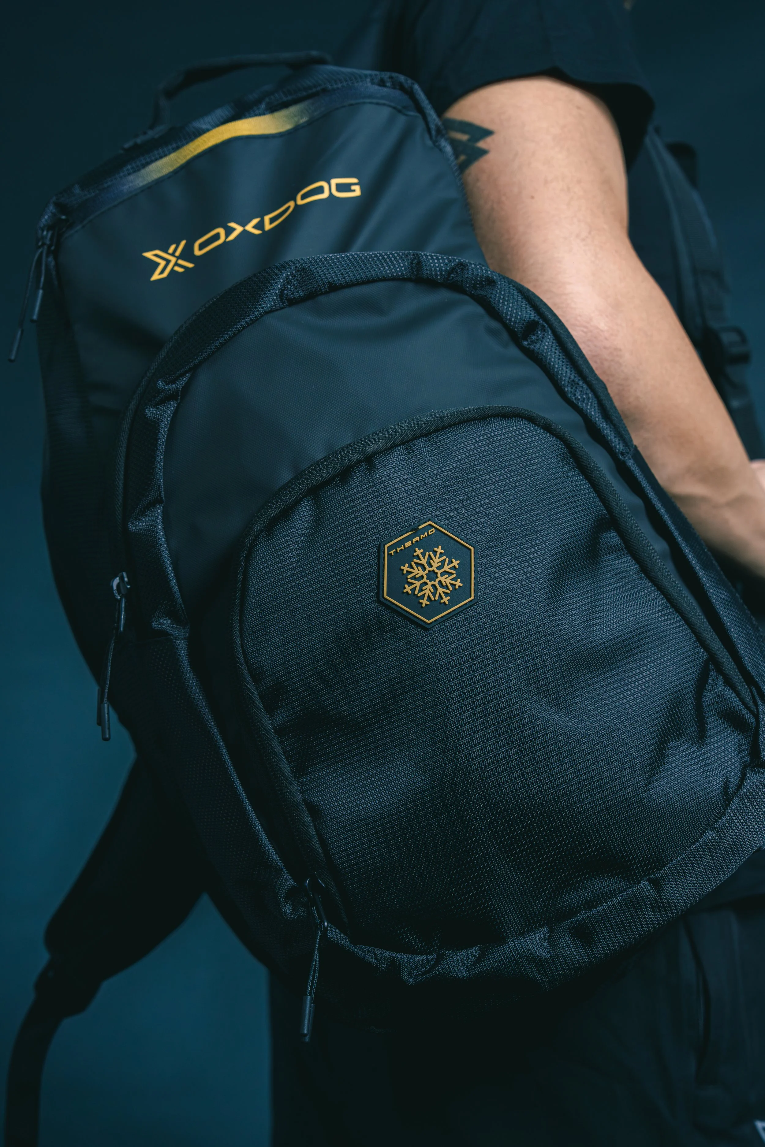 Close-up of a person wearing a black t-shirt and carrying a black backpack with yellow and gold accents, including a snowflake logo and the words "Thermo" on the front pocket.