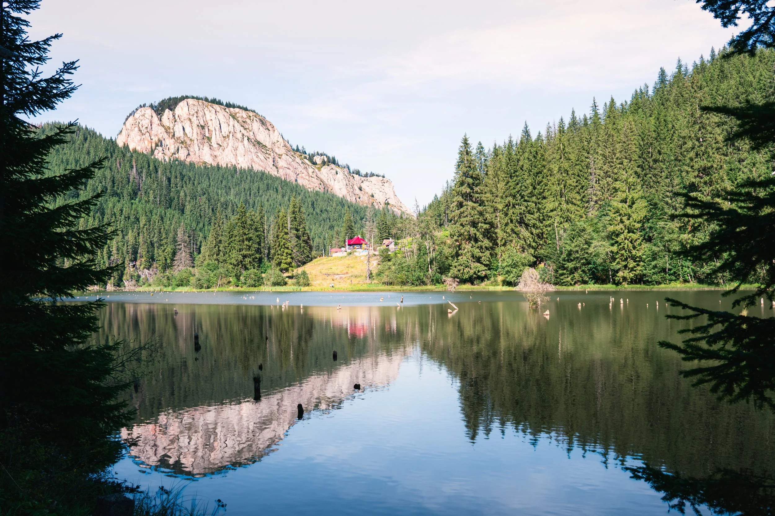 Scenic view of a mountain and pine forest reflected in a calm lake, with two small houses and some buoys or ducks on the water, framed by trees.