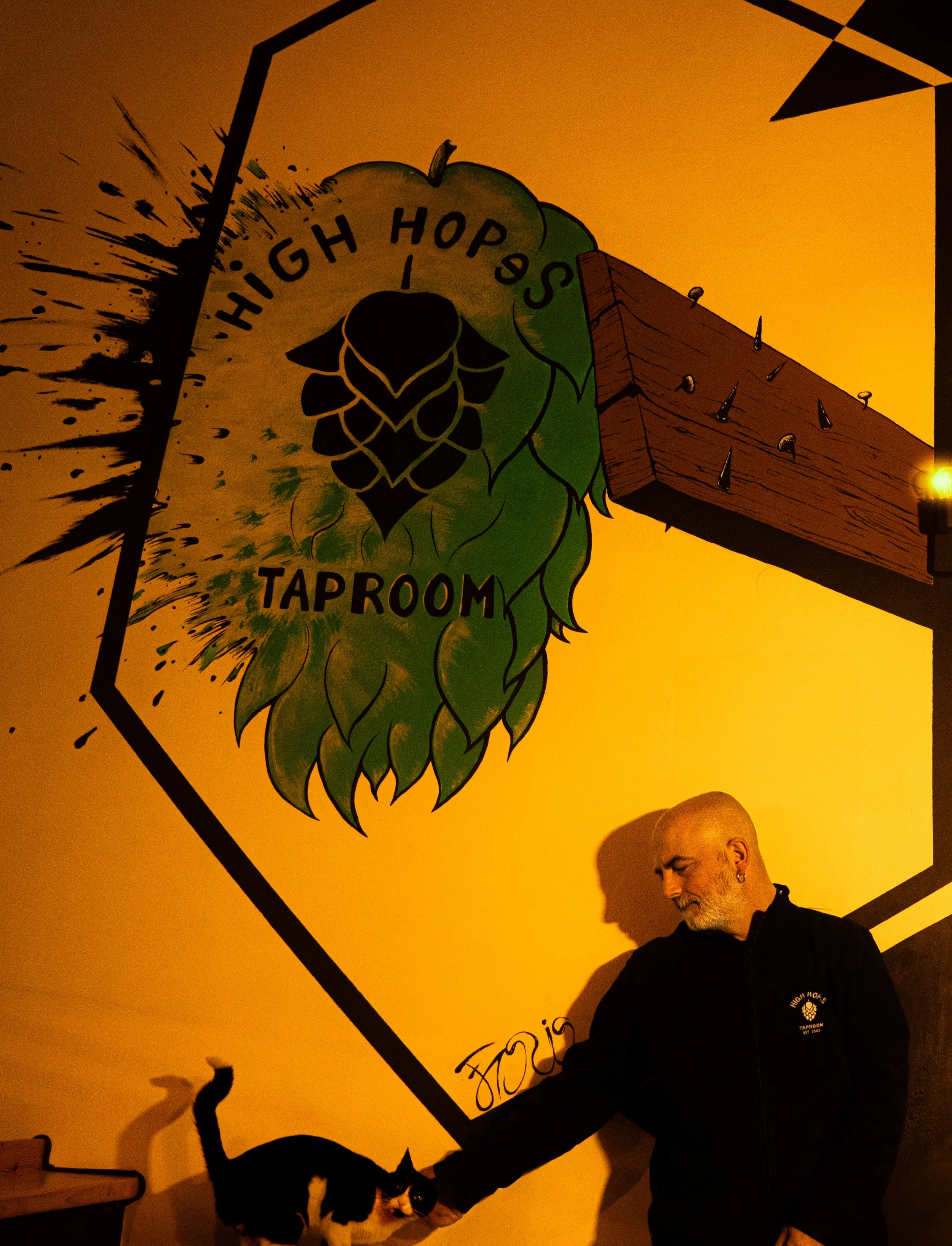 A person at the music decks beneath the High Hops wall illustration.