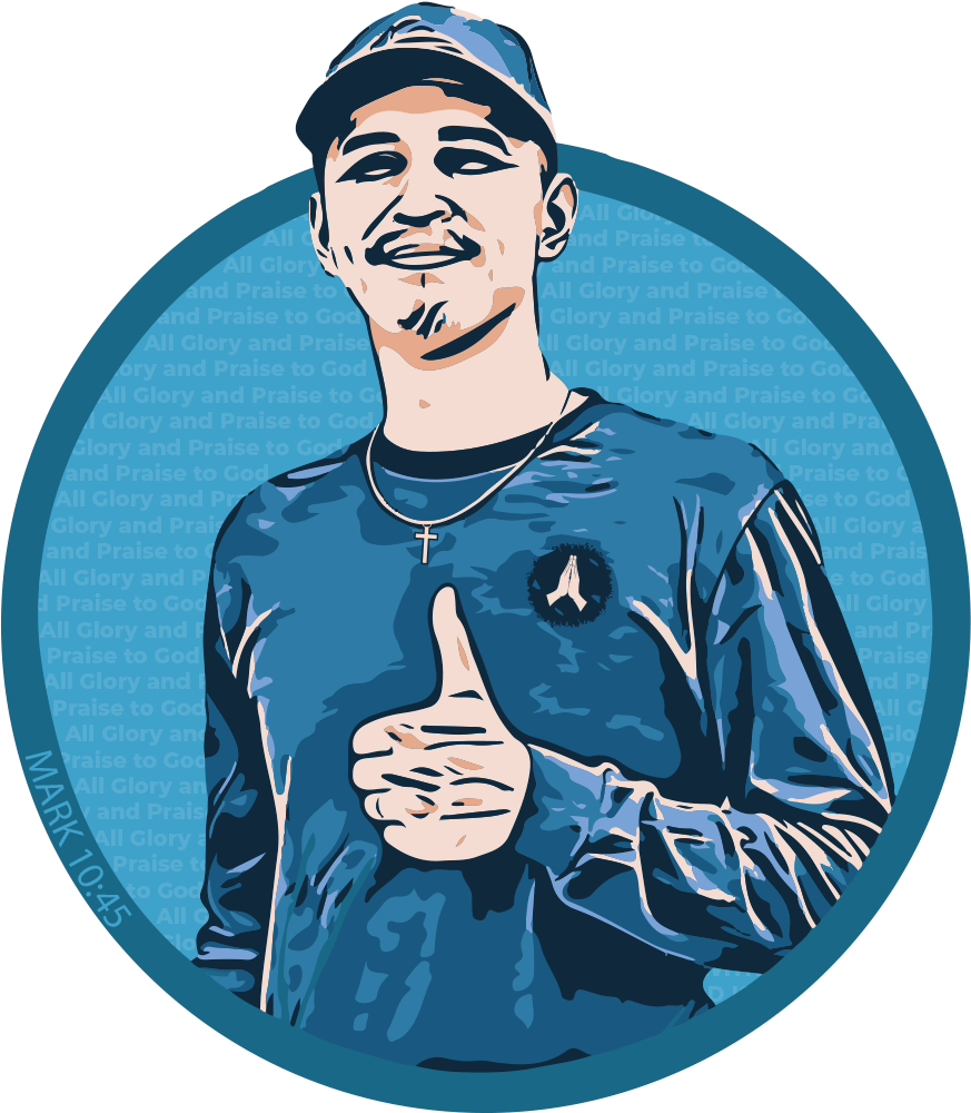A stylized digital illustration of a smiling young man wearing a cap, a necklace with a cross, and a jacket with a logo on the chest. He is giving a thumbs-up gesture. The background features a blue circle with repeating text 'All Glory and Praise to God' and a signature on the bottom left.