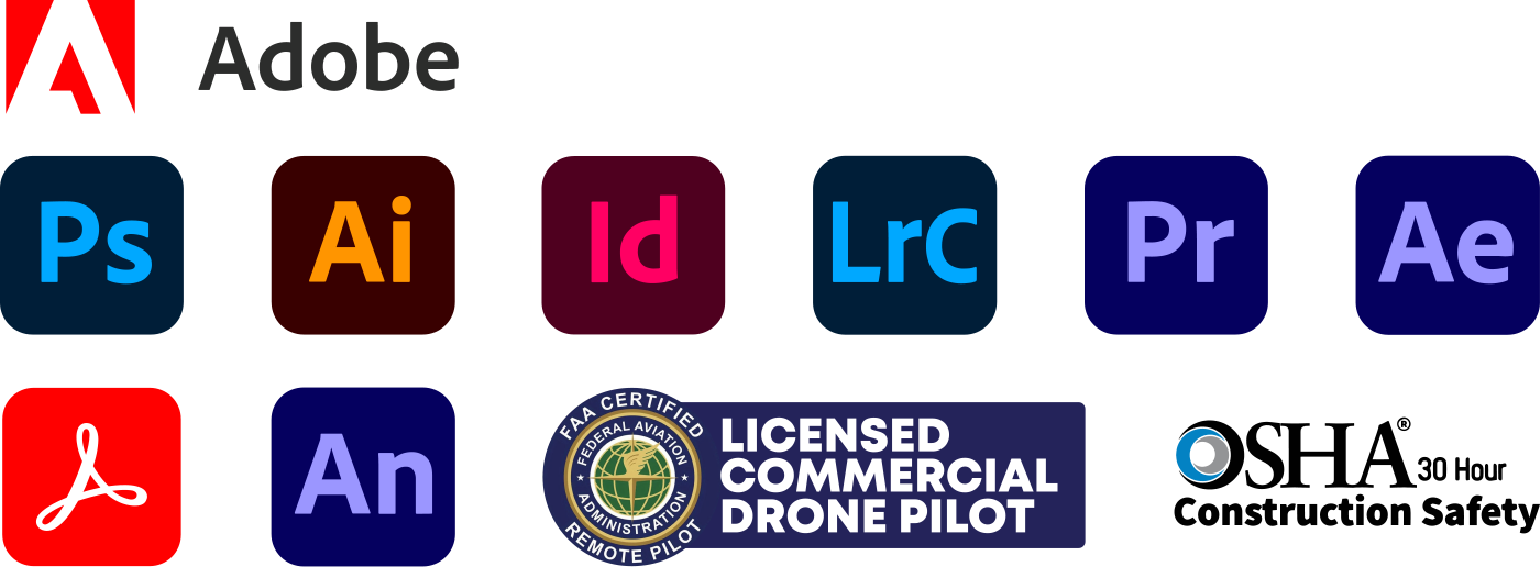 Diagram showing various Adobe software logos and a badge indicating a licensed commercial drone pilot certification from the FAA.