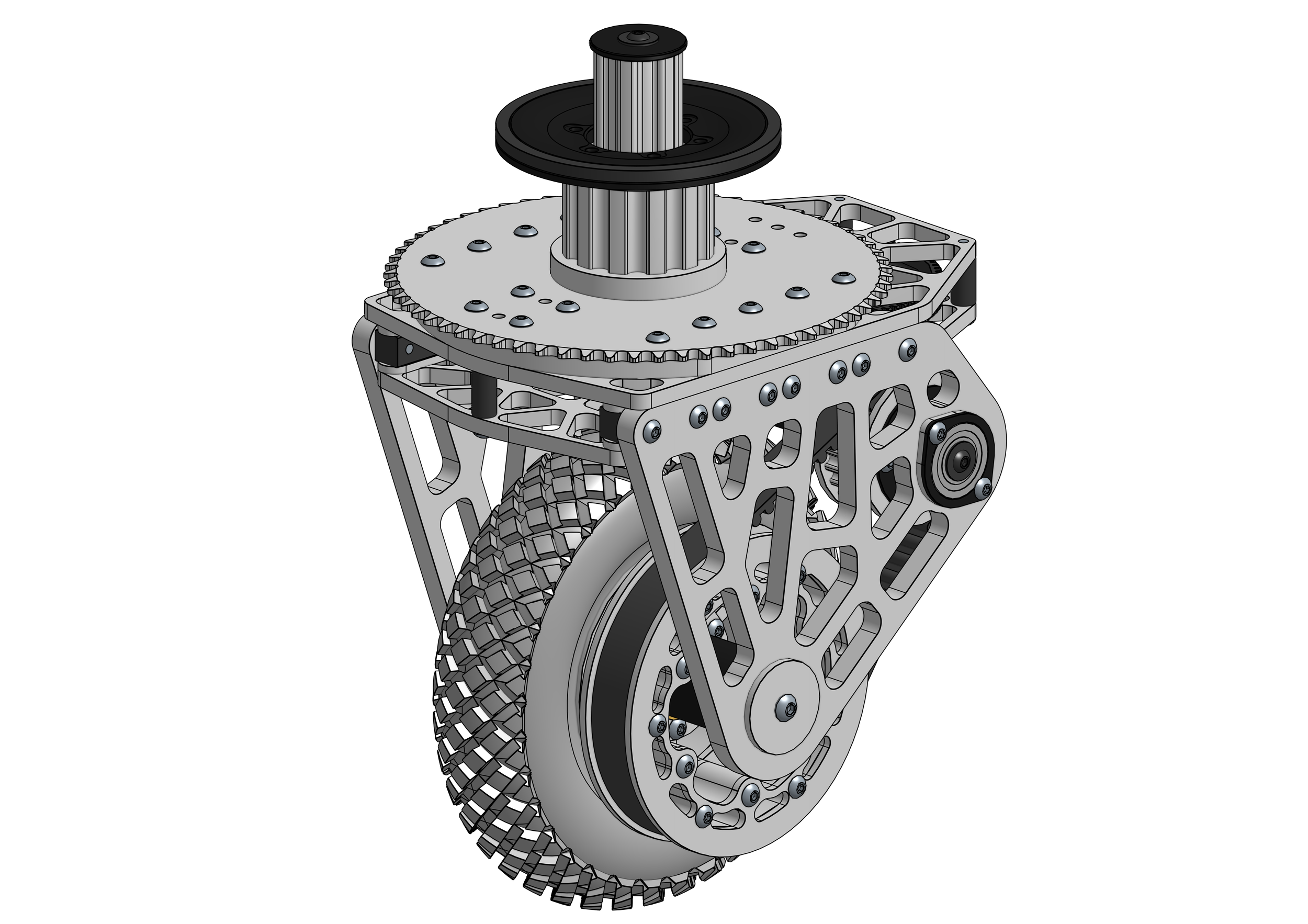 The T8 module uses an 8" pneumatic wheel paired with custom pulleys and steel gears.