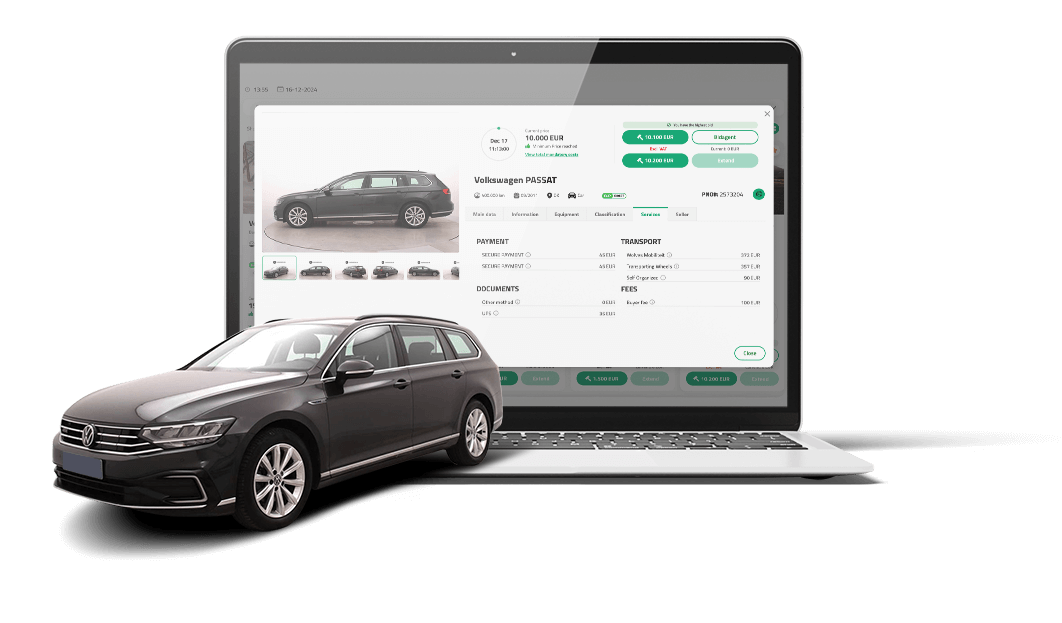 Laptop mit AutoProff-Plattform, die einen gebrauchten Volkswagen Passat zum Verkauf zeigt – davor steht das echte Fahrzeug.