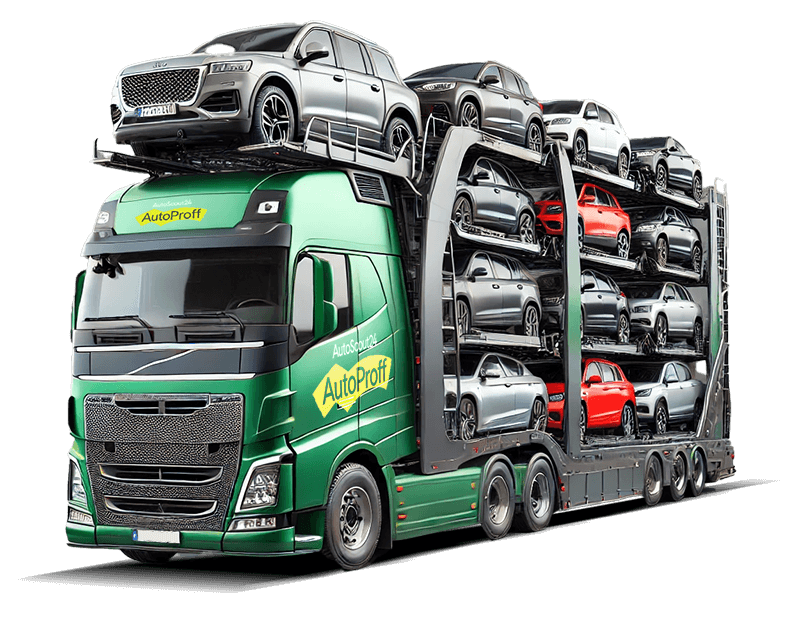Grüner AutoProff-Lkw transportiert mehrere gebrauchte Autos in verschiedenen Farben auf einem Autotransporter.