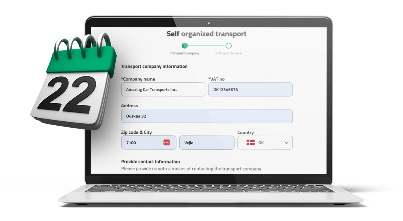 Laptop mit AutoProff-Plattform, die ein Formular für selbstorganisierten Transport zeigt – daneben ein Kalender mit dem Datum 22 als Symbol für Terminplanung."