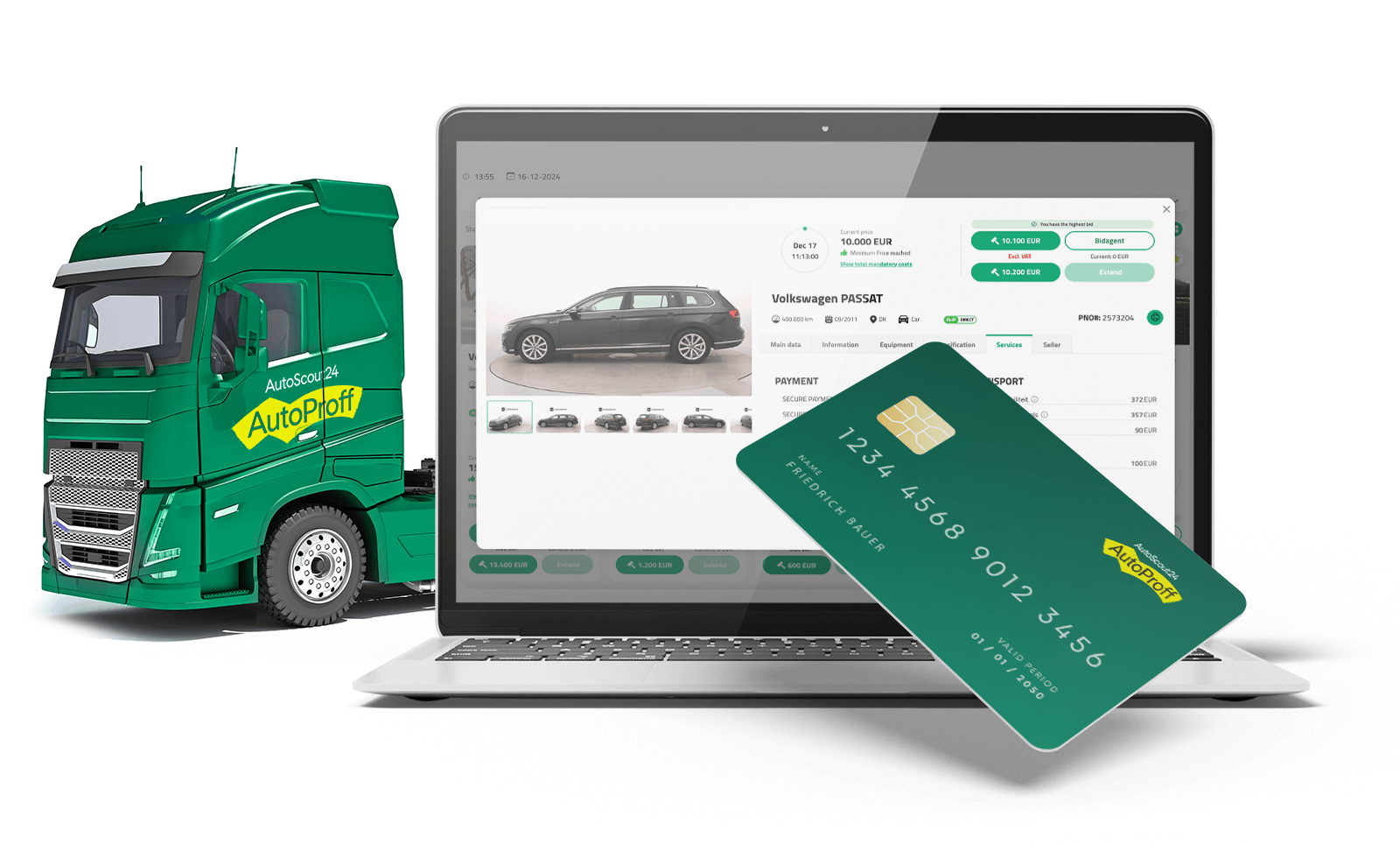Grüner AutoProff-Lkw neben einem Laptop mit Fahrzeuganzeige und AutoProff-Zahlungskarte – symbolisiert sicheren Online-Kauf und Transport von Gebrauchtwagen