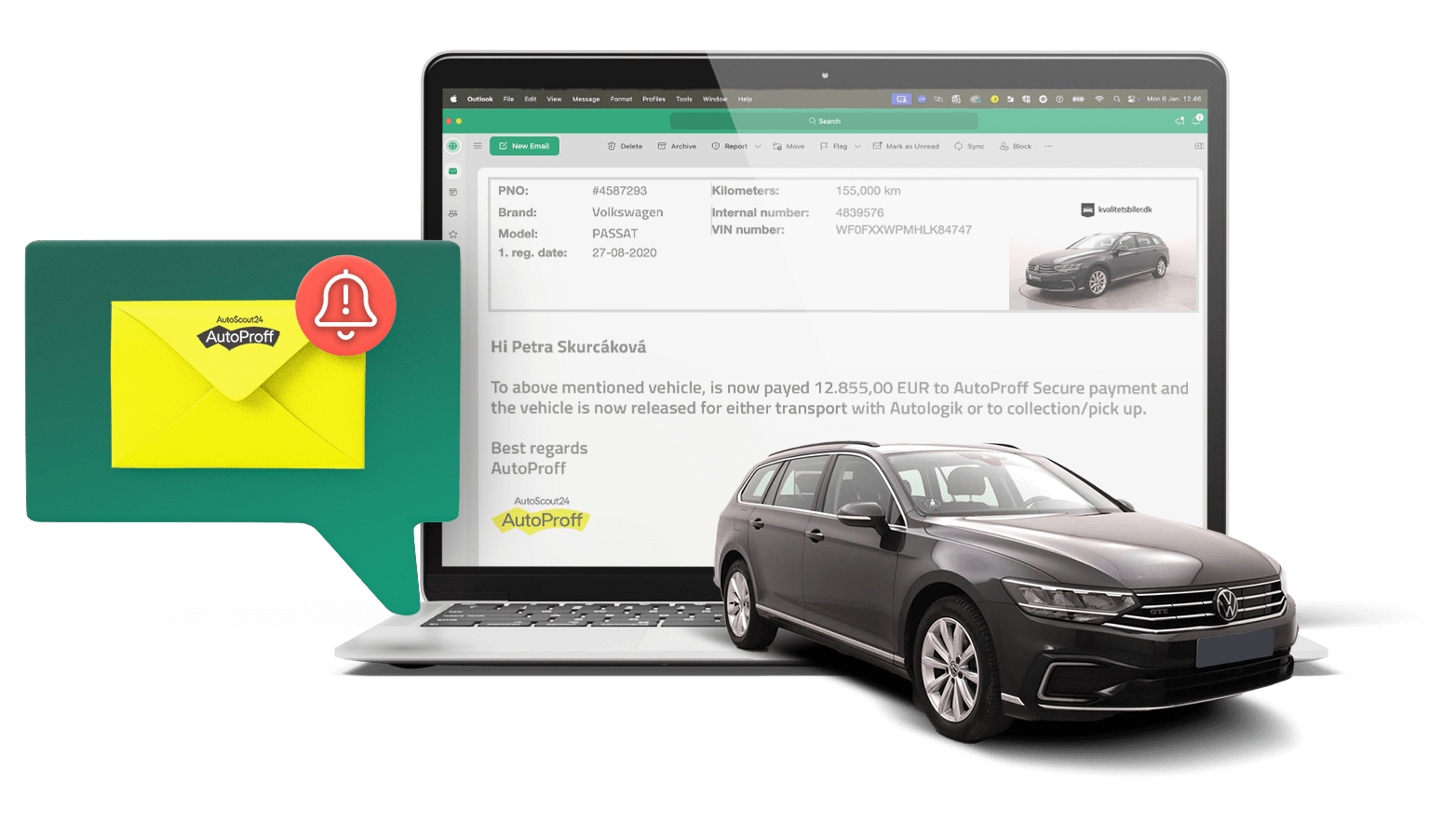Laptop mit AutoProff-Plattform, die eine Zahlungsbestätigung für ein Fahrzeug zeigt – daneben eine Benachrichtigung und ein schwarzer Volkswagen Passat als Symbol für sicheren Handel.