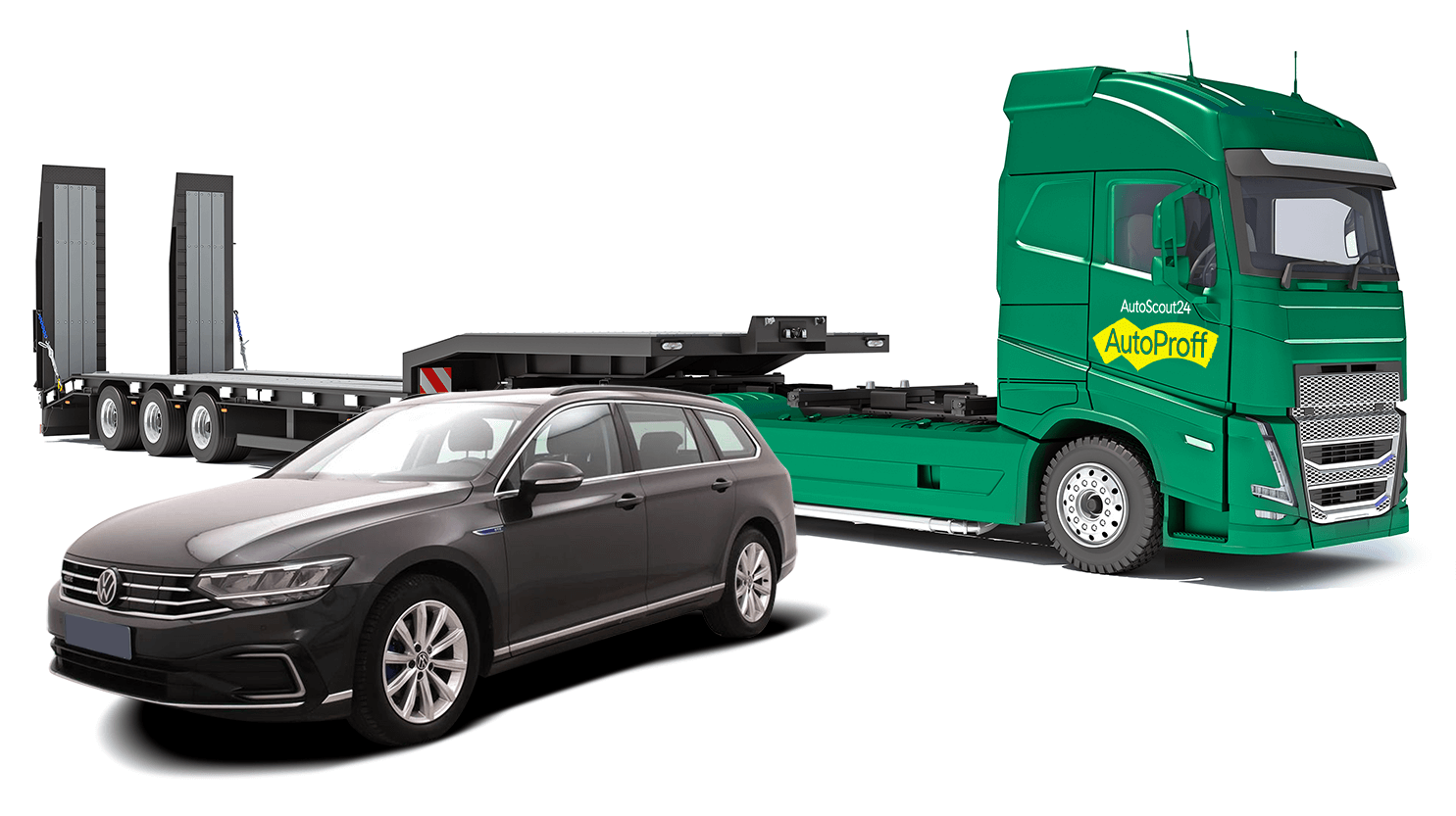 Grüner AutoProff-Lkw mit offenem Autotransporter und schwarzer Volkswagen Passat davor – symbolisiert Fahrzeugabholung und Transport.