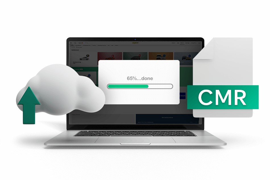 Laptop mit AutoProff-Plattform, Upload-Symbol und CMR-Dokument – zeigt digitalen Upload von Transportpapieren in der Cloud.