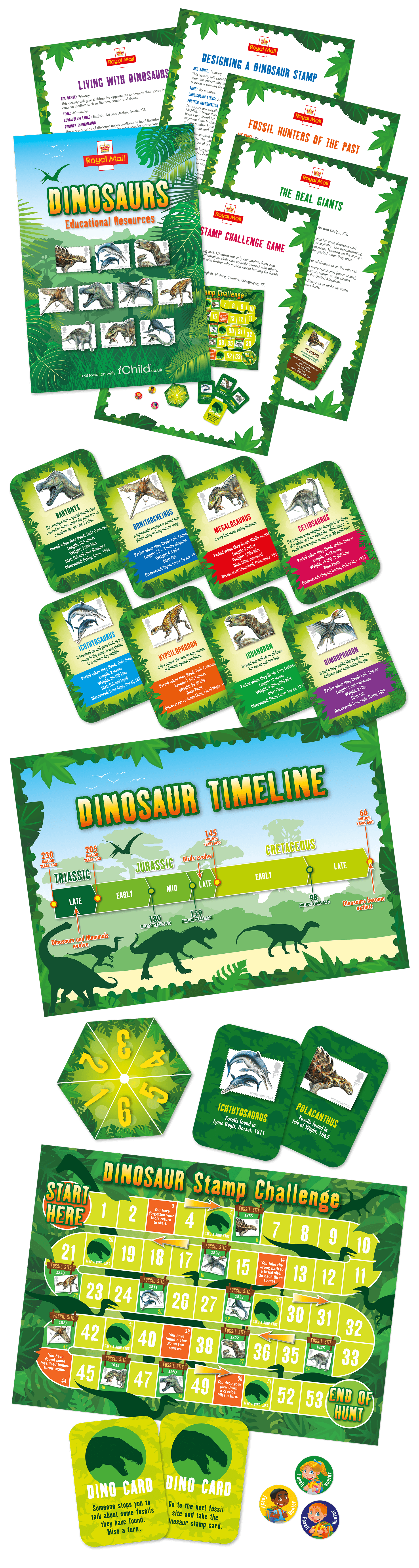 Royal Mail dinosaur educational resources for dinosaur stamp campaign.  Including fact sheets, a timeline, game, fact cards, all with a jungle-themed design.