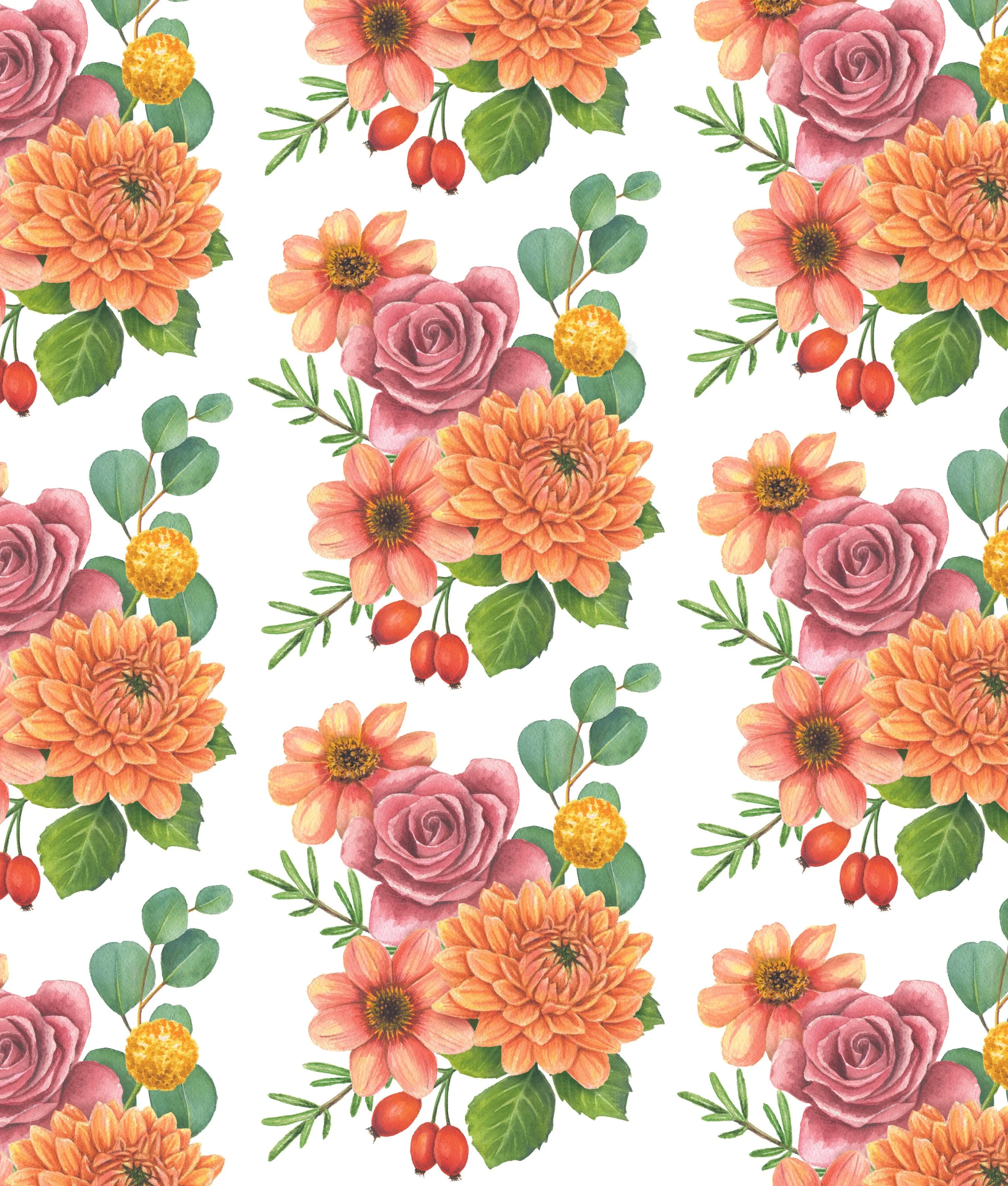 A seamless pattern with watercolor-style pink roses, orange dahlias, yellow billy balls, and red berries with green leaves on a white background.
