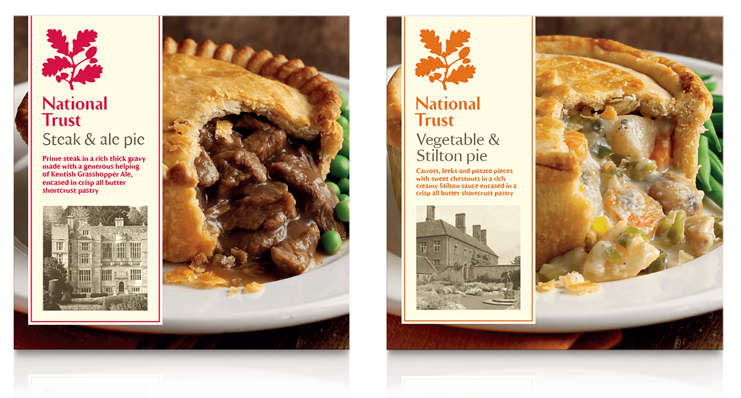 Packaging of 2 National Trust pies. The left, steak and ale pie. The right, vegetable and stilton pie. Background, rustic photo of the pie and its filling. Cream label with logo, info and black & white photo of National Trust property.
