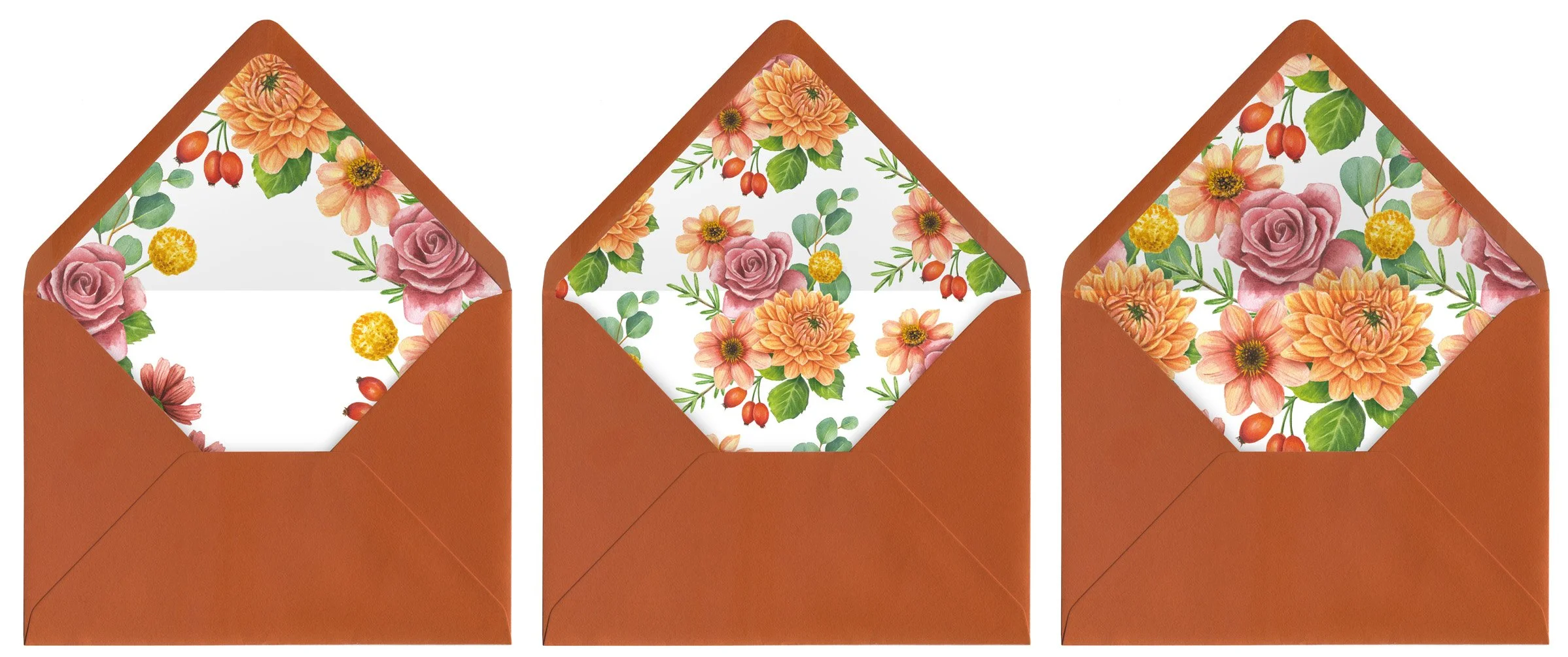 Three orange envelopes each with a matching floral patterned interior featuring pink roses, orange dahlias, yellow billy balls, green leaves, and red berries.