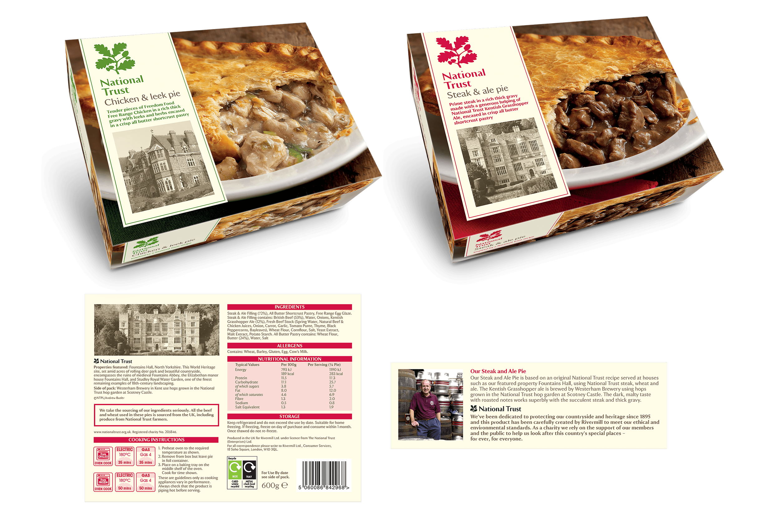 2 boxes of National Trust pies. Chicken & Leek, and Steak & Ale. Packs show rustic setting with pies in a white dish with a section of the pie showing the filling. Each pack has a cream label down the left side with logo, info, black & white property