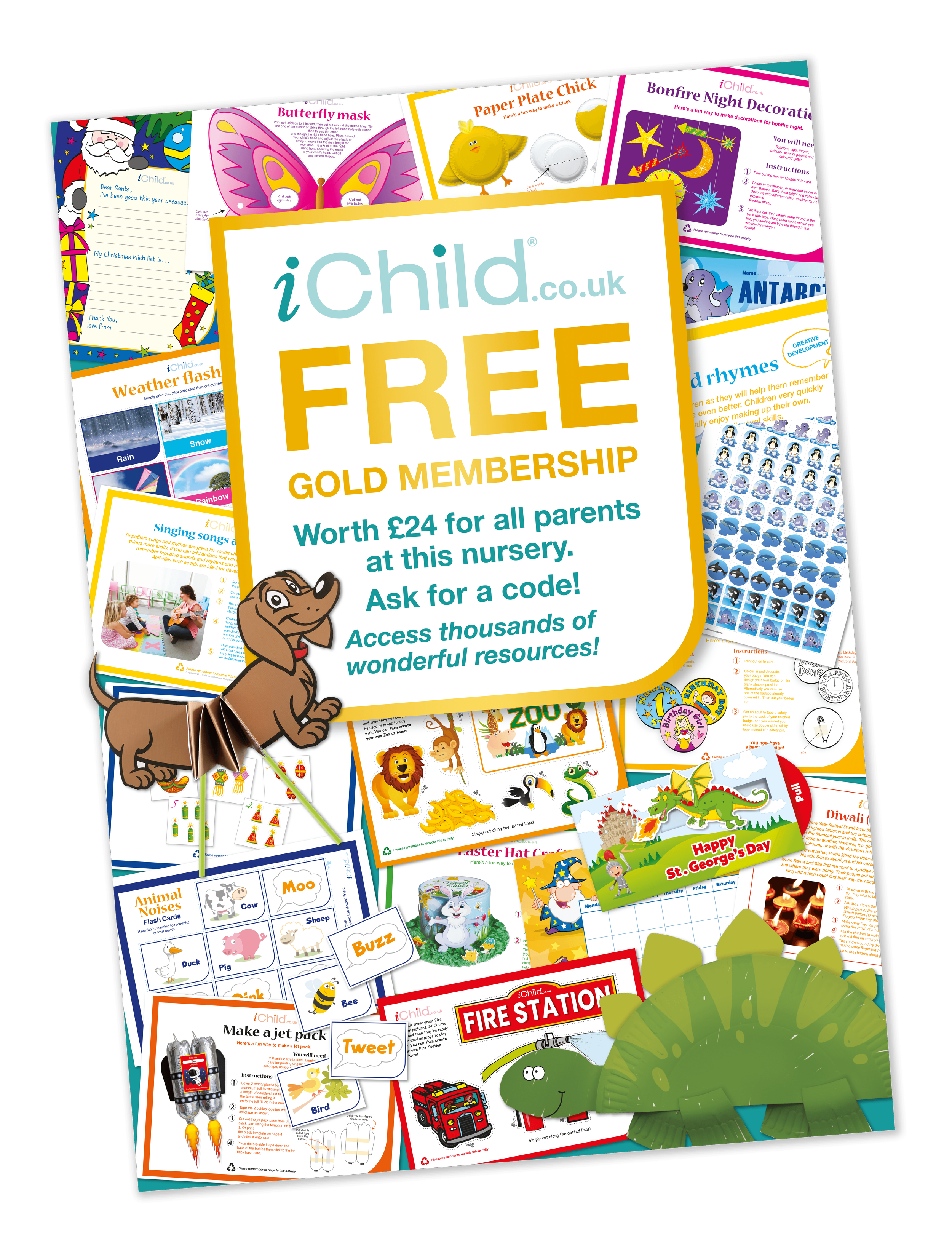 A colorful collection of children's activity sheets, including holiday-themed crafts, puzzles, educational games, and learning resources from iChild.co.uk.
