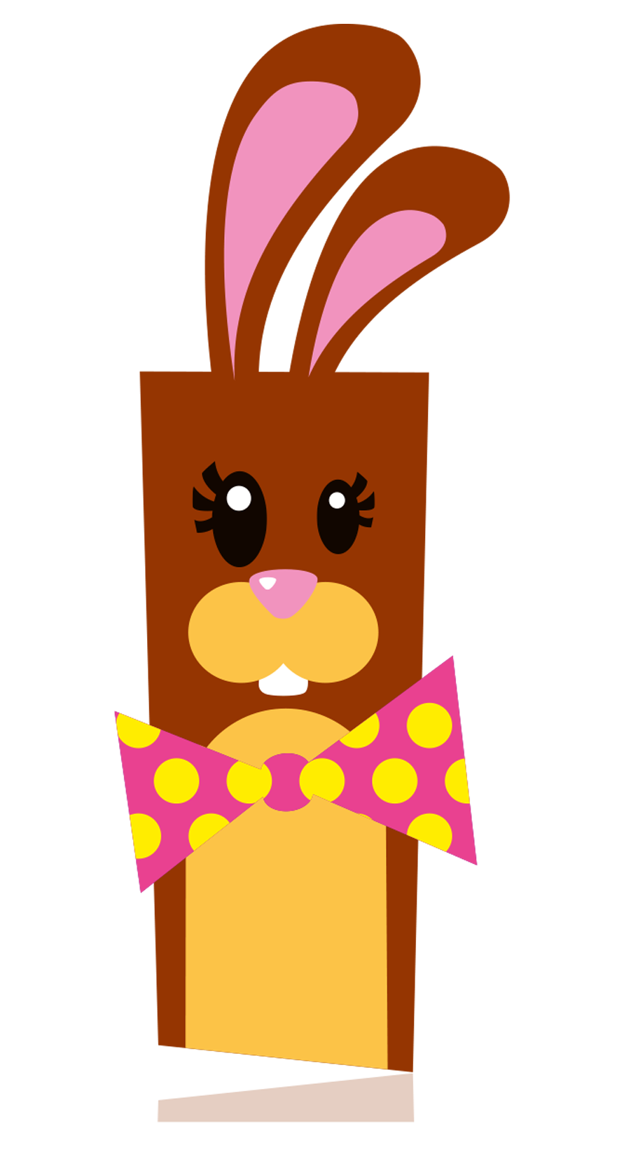 Bouncing cartoon girl bunny. Brown rectangle body shape, with large black eyes, pink nose, and front teeth, wearing a pink and yellow polka-dot bow tie and pink bunny ears.
