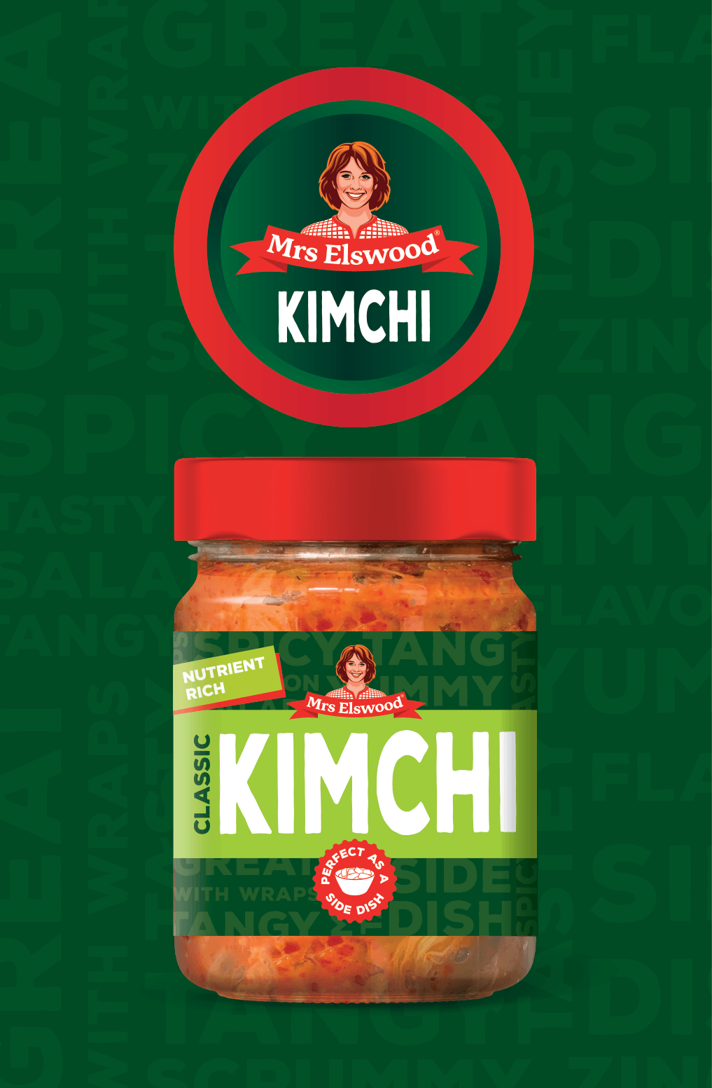 Jar of Mrs Elswood Kimchi. Label showing a green background featuring words saying, spicy, tangy, yummy. The label includes Mrs Elswood logo, and the words "Classic Kimchi" "Nutrient Rich." "Perfect as a side dish" red and dark green Lid