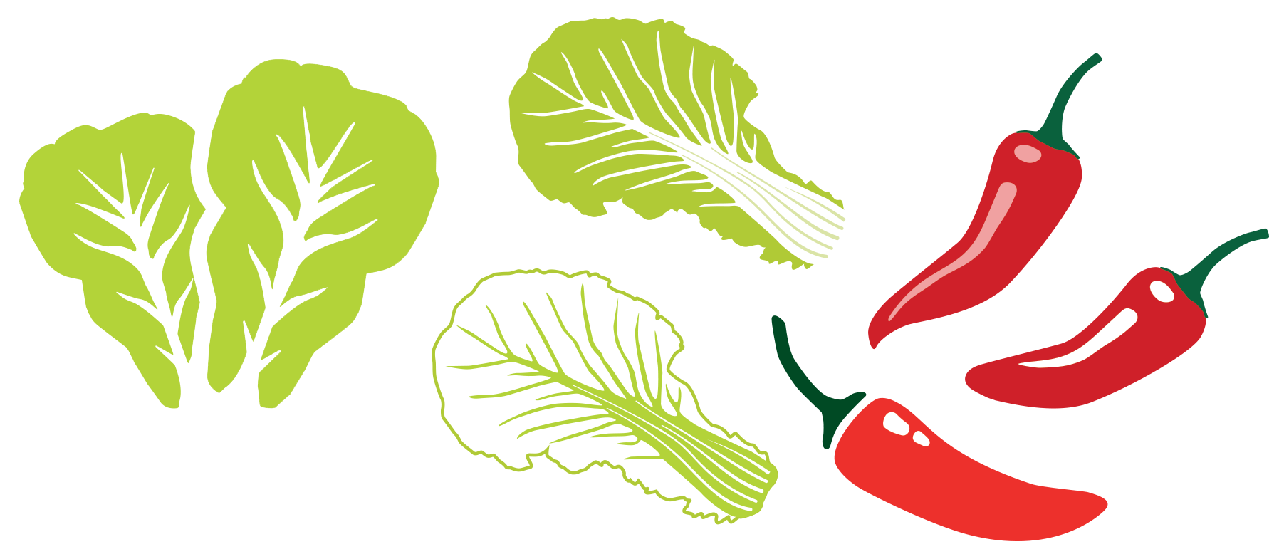 Green Napa cabbage and red chili peppers.
