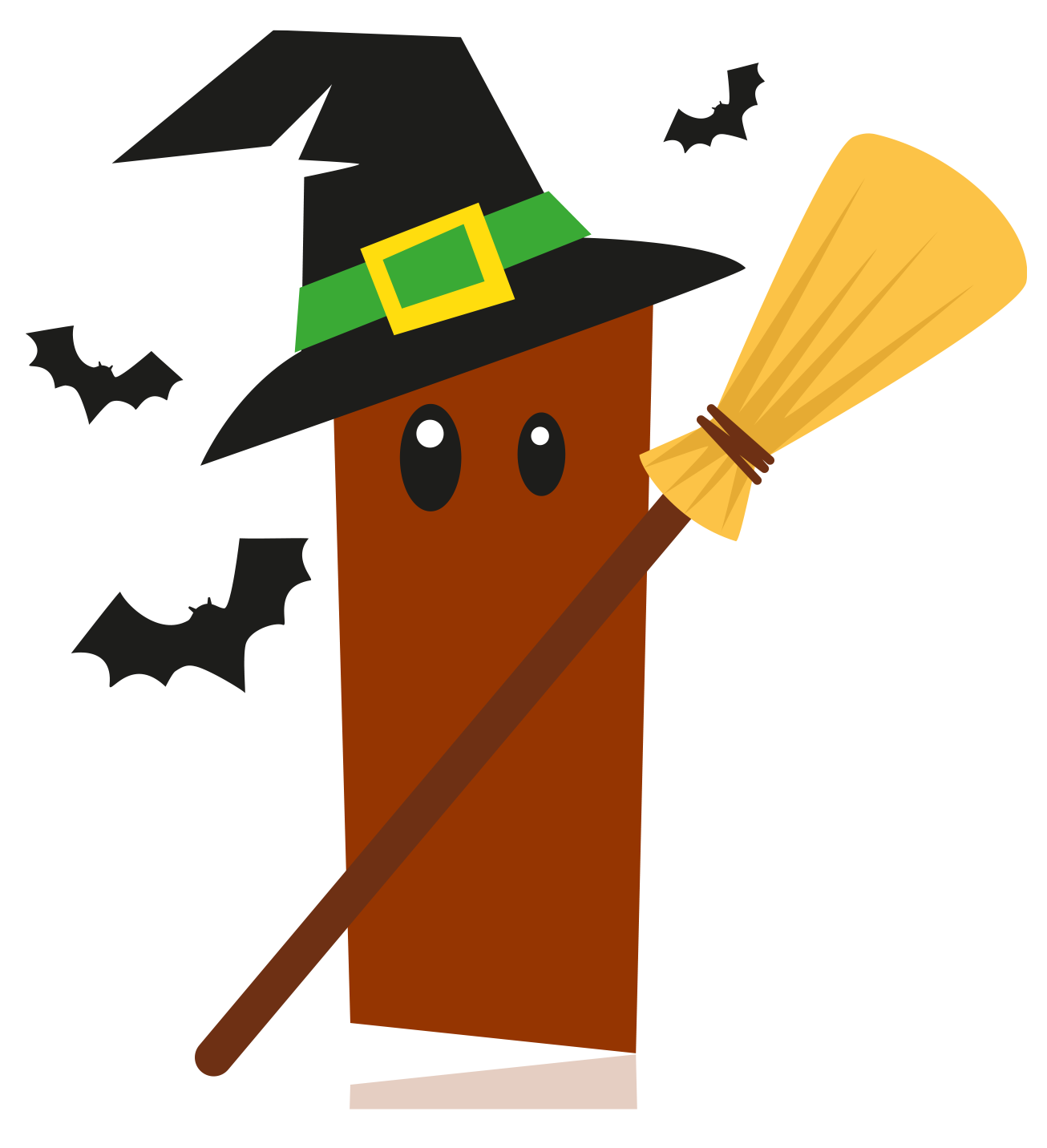 Witch cartoon cake slice character. Brown rectangle body shape. Big black eyes, broomstick, witches hat and 3 bats flying around head.