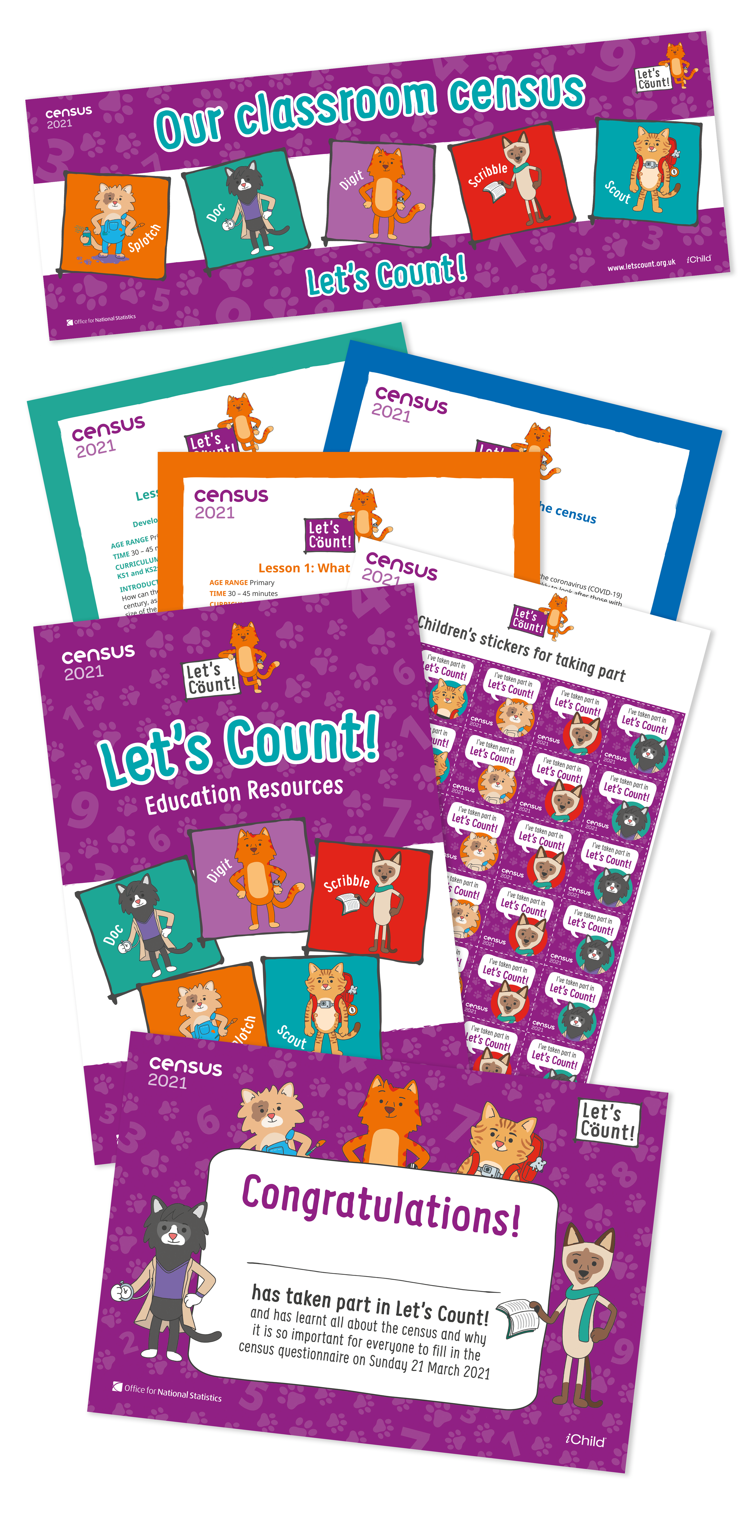 Let's Count! educational materials and stickers for the 2021 census, featuring cartoon cats with colourful backgrounds and text related to counting and learning about the census.