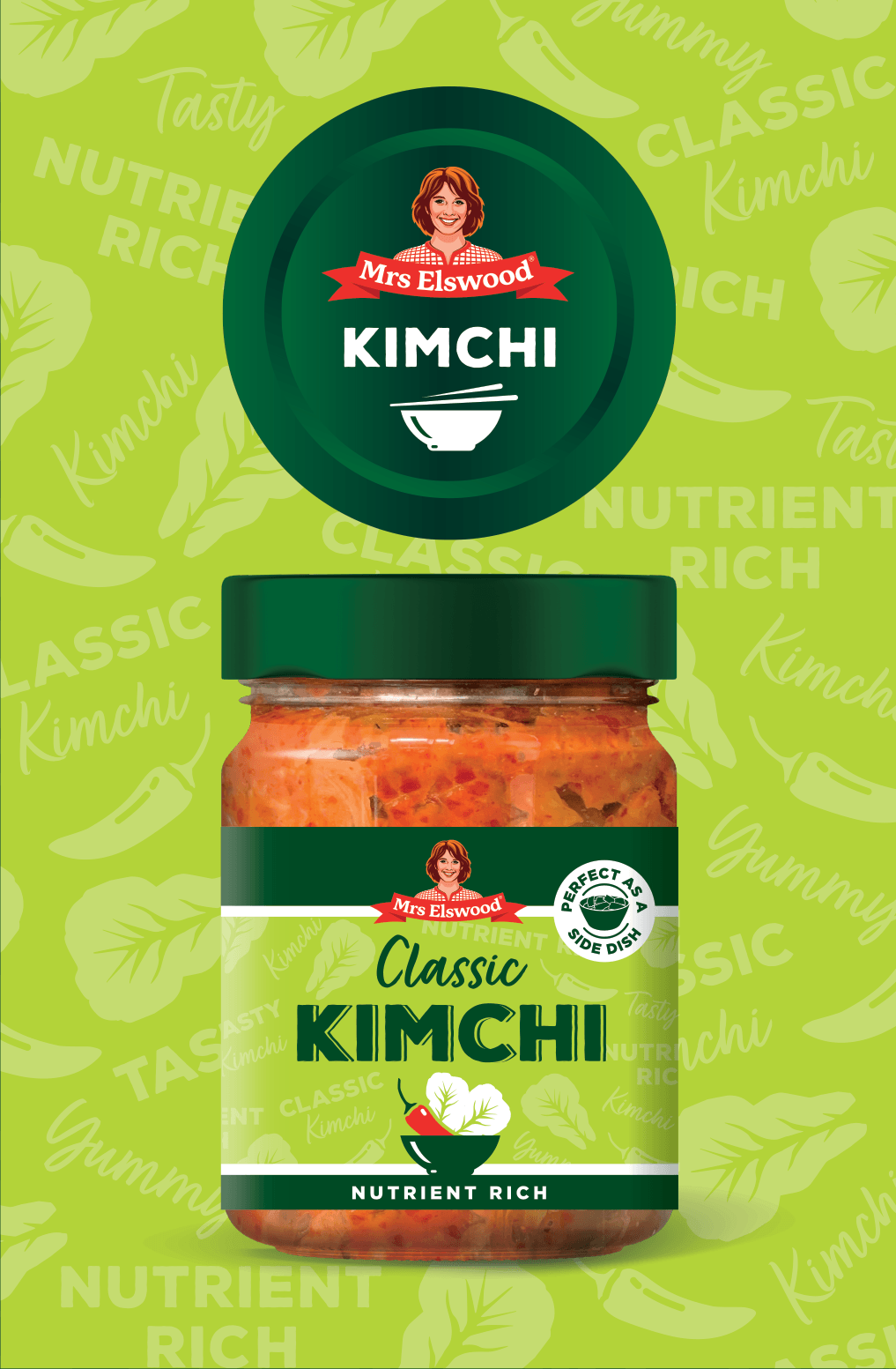 Jar of Mrs Elswood Kimchi. Label showing a green background featuring words saying, classic kimchi, tangy, nutrient rich and leaves. The label includes Mrs Elswood logo, words "Classic Kimchi"  "Nutrient Rich." "Perfect as a side dish" dark green Lid