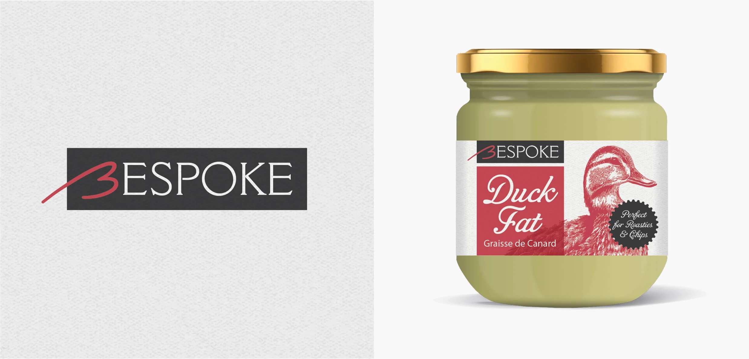 Bespoke logo on a textured white background and a jar of duck fat with label showing a duck illustration and text 'Duck Fat' and 'Perfect for Roasters & Chips'.