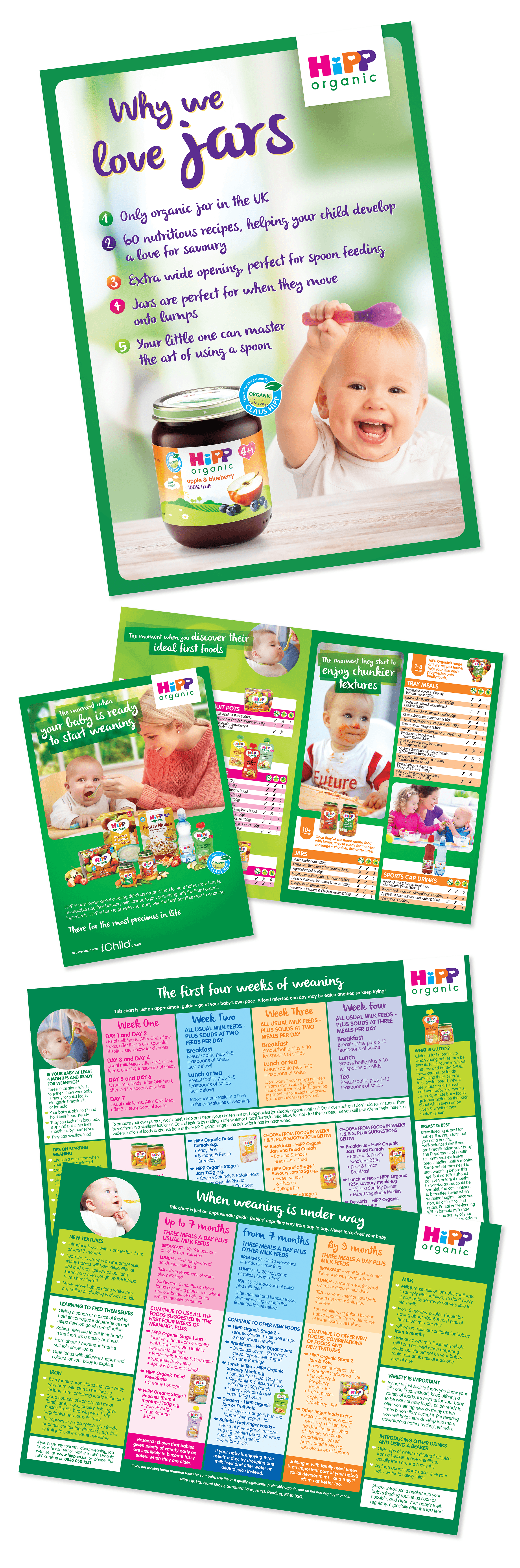 HiPP organic poster featuring a smiling baby holding a purple spoon, a jar of HiPP organic apple and blueberry baby food, and colourful text about the benefits of the jars.