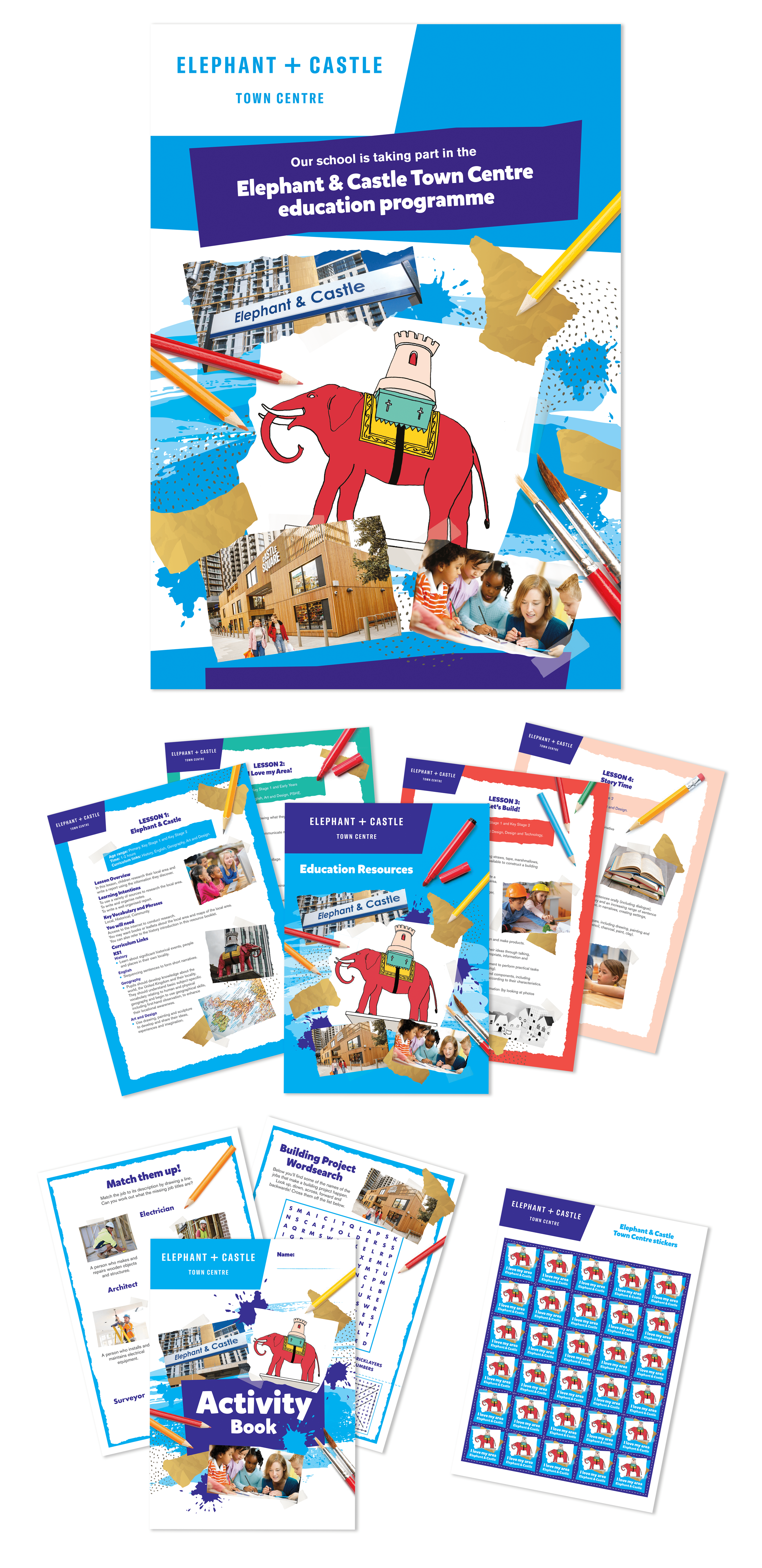 Educational materials for Elephant & Castle Town Centre, including flyers, activity books, worksheets, and stickers featuring a colourful elephant with a castle on its back, pencils, and photos of students and buildings.