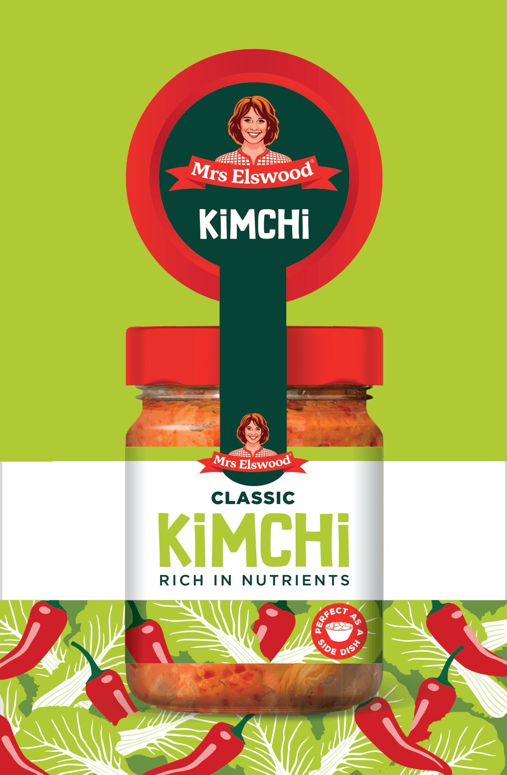 Jar of Mrs Elswood Kimchi. Label showing a white background with colourful leaf and chilli illustration pattern. Label includes Mrs Elswood logo, and the words "Classic Kimchi" "Nutrient Rich." "Perfect as a side dish" red and dark green Lid