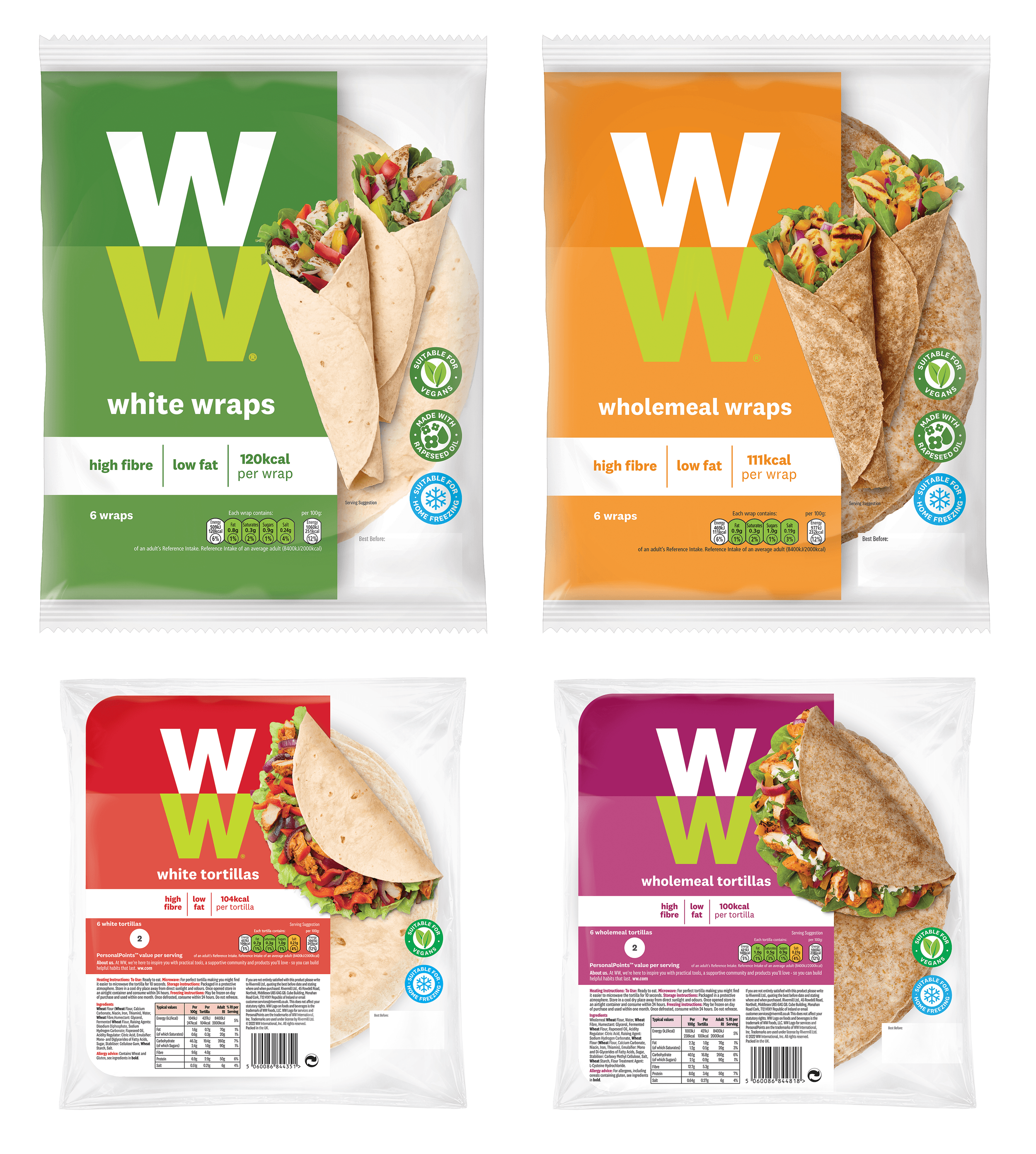 4 WW packs. Top left White Wraps, green packaging. Top right Wholemeal Wraps, orange packaging. Bottom left White Tortillas, red packaging. Bottom right Wholemeal Tortillas, purple packaging.