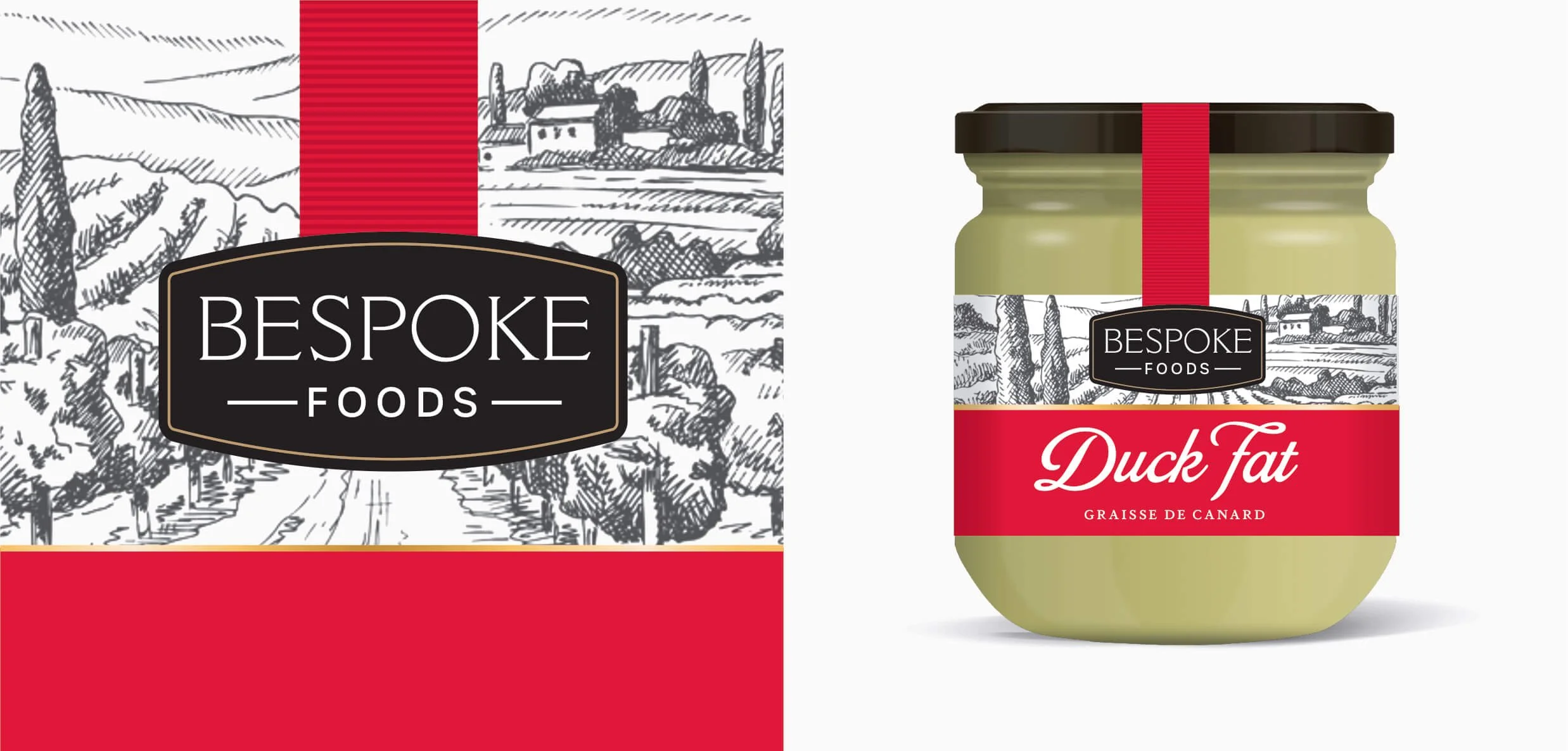 A jar of Bespoke Foods Duck Fat with a label featuring black and white landscape sketches and red accents.