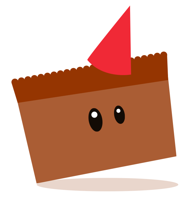 Cute cartoon boy chocolate cupcake. Cupcake shaped brown body with large black eyes red party hat.