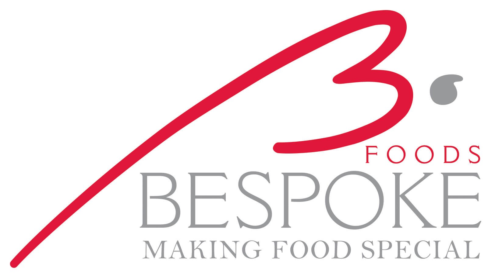 Logo with a red swoosh and a grey curved shape above the letters 'B'. The text reads 'B', FOODS, BESPOKE, MAKING FOOD SPECIAL'.